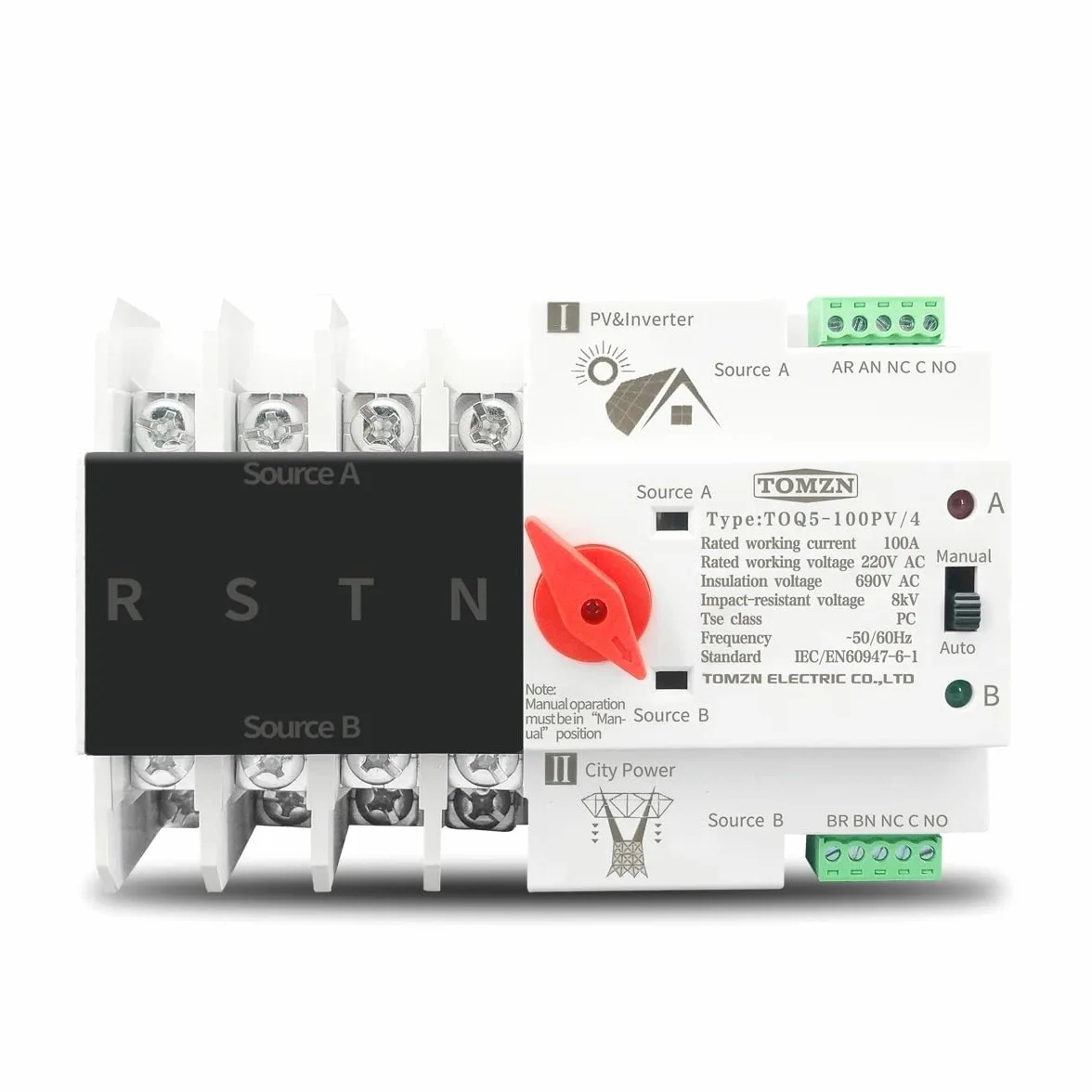 Interruttore Magnetotermico Differenziale Guida DIN 4 Phase a fili ATS. for PV. E inverter Dual Power Automatic Transfer Selector Switch Inininterrottui 6 3a 100A 125a(125A)