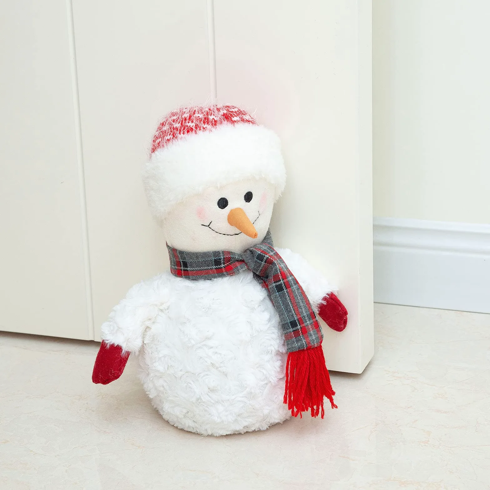 Marwood Simpatico fermaporta decorativo per casa e ufficio, natalizio in tessuto imbottito, fermaporta interno ponderato decorativo per pavimento, pupazzo di neve con cappello rosso
