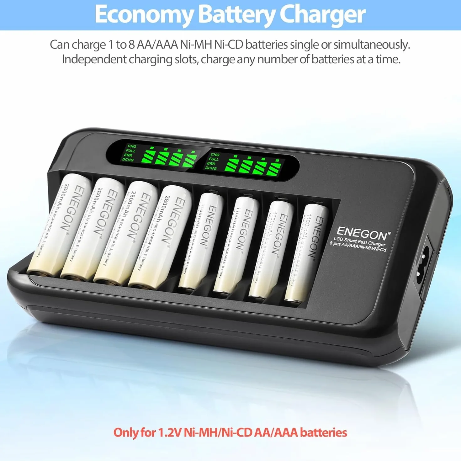 ENEGON Caricabatterie Rapido Intelligente per Batterie Ricaricabili AA AAA Ni-MH Ni-CD con Display LCD, 8 Slot Indipendenti, Protezione e Alimentatore 100-240V
