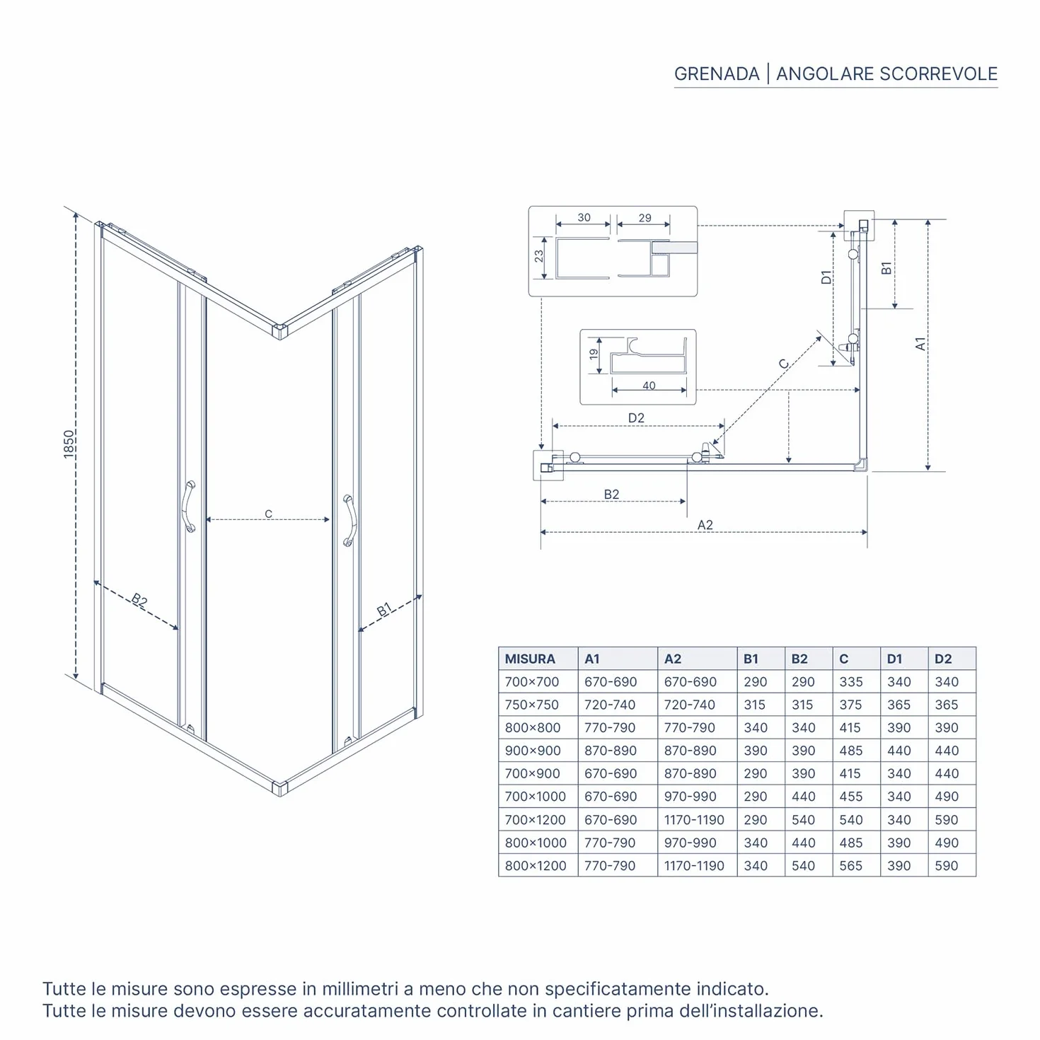 Box Doccia Angolare 75x75 cm Vetro Serigrafato 4 mm Profili Bianchi h185cm Grenada