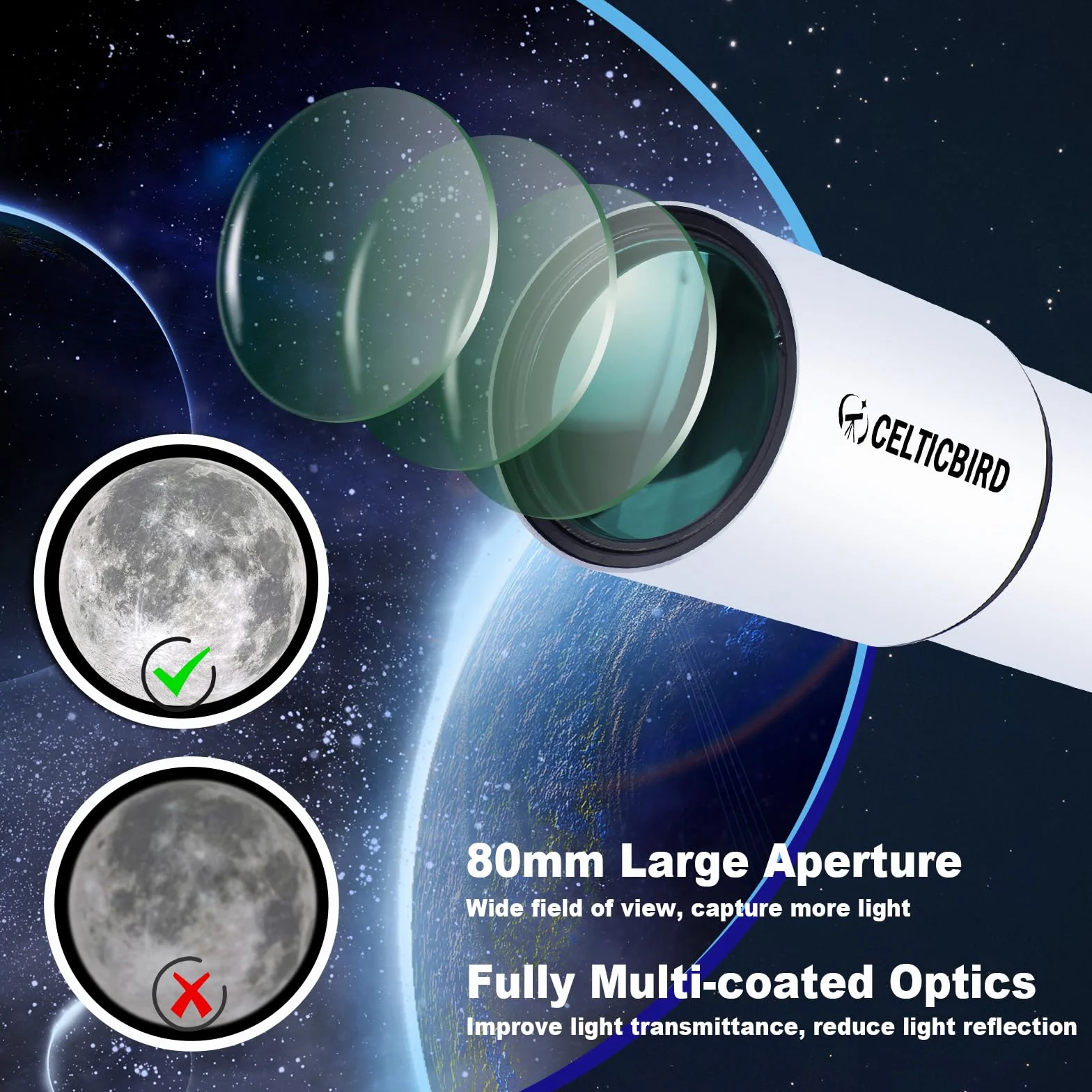 CELTICBIRD Telescopio per adulti ad alta potenza, telescopi da viaggio per adulti, regali per principianti di astronomia, telescopio rifrattore 900 con apertura da 80 mm con attacco AZ