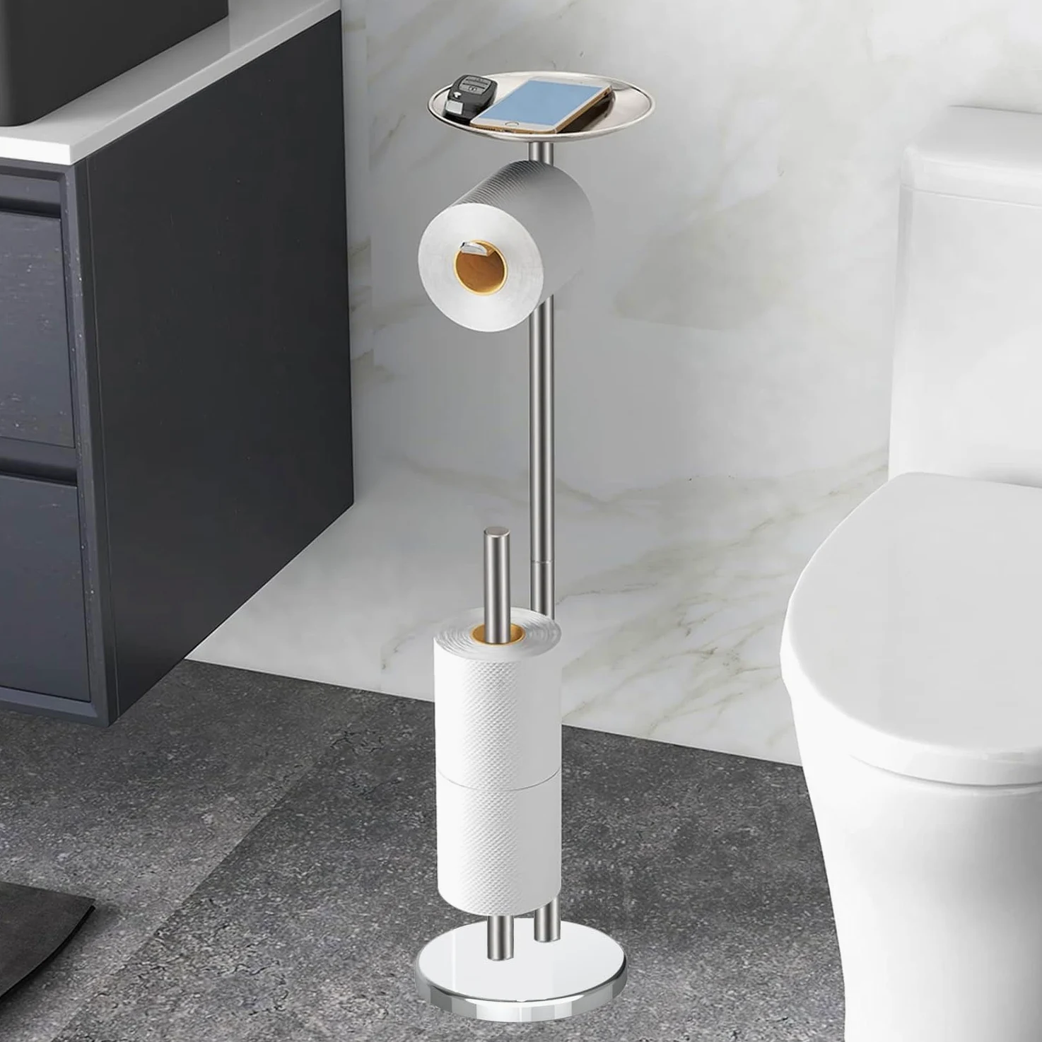 YUET Piantana Portarotolo in Piedi Argento,Acciaio Inox | Rotondo Portarotolo Carta Igienica WC, Porta Rotoli Cartaigienica Bagno, Porta Carta Igienica da Terra