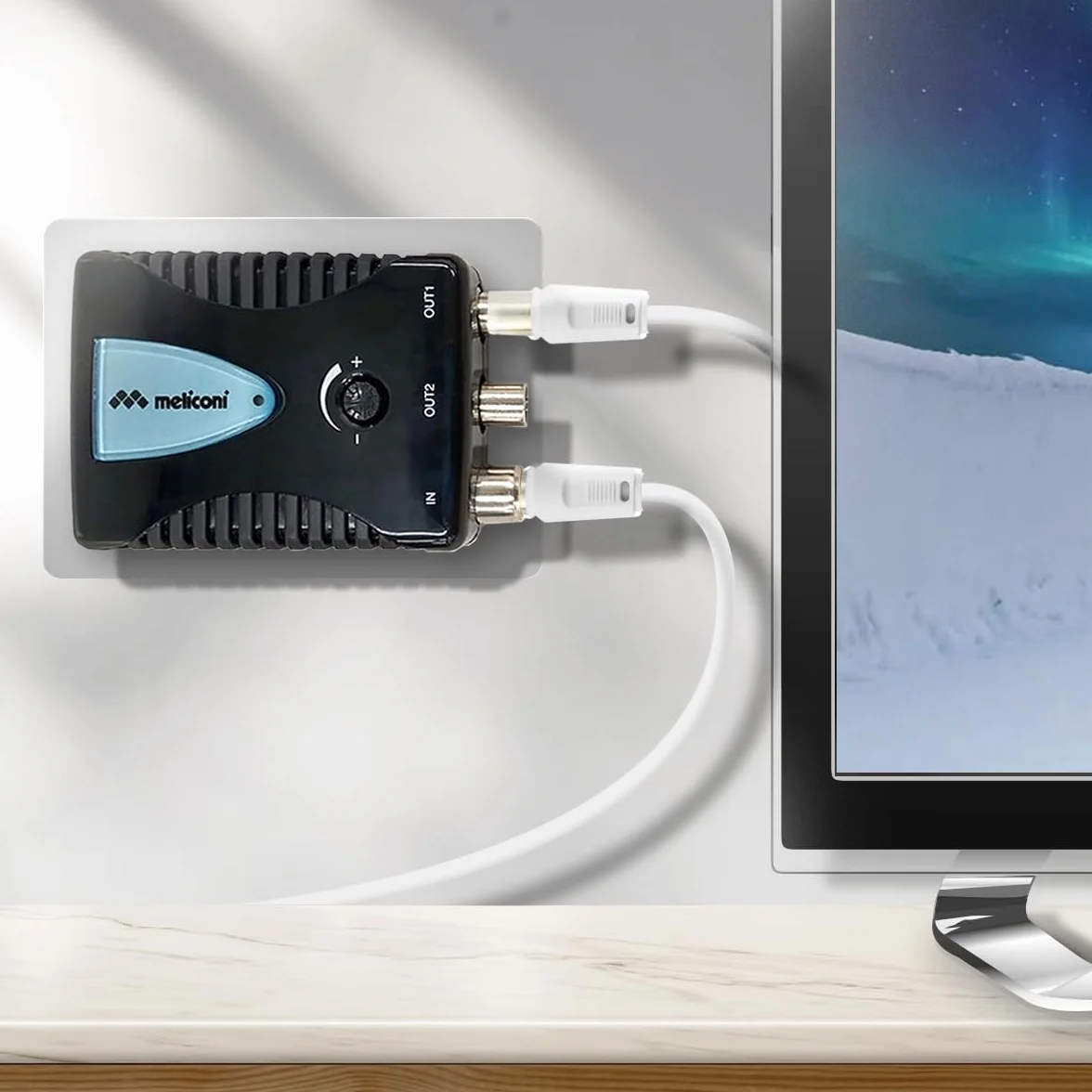 Meliconi AMP200, Amplificatore Segnale Digitale Antenna TV, a 2 Vie, Alimentazione Diretta 230 Vac / 50 Hz 3W, Gamma di frequenza 40 – 790 MHz, 1 ingresso / 2 uscite 75 Ohm, fino a 20 dB