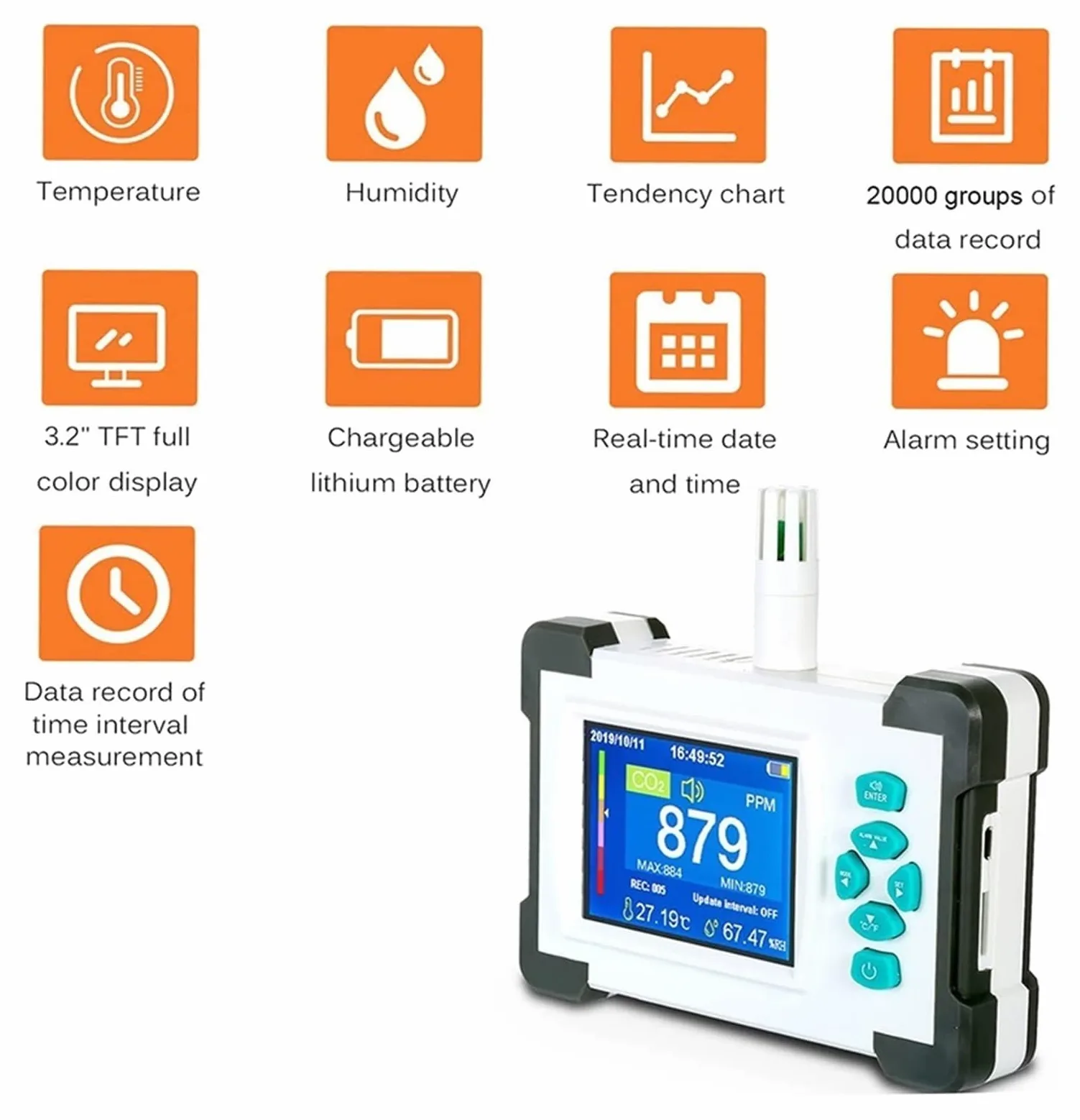 Monitor digitale della qualità dell'aria di CO2 - Analizzatore di gas professionale con umidità della temperatura e display chiaro per la casa della tenda di coltivazione (SR-510) (Sr-510)
