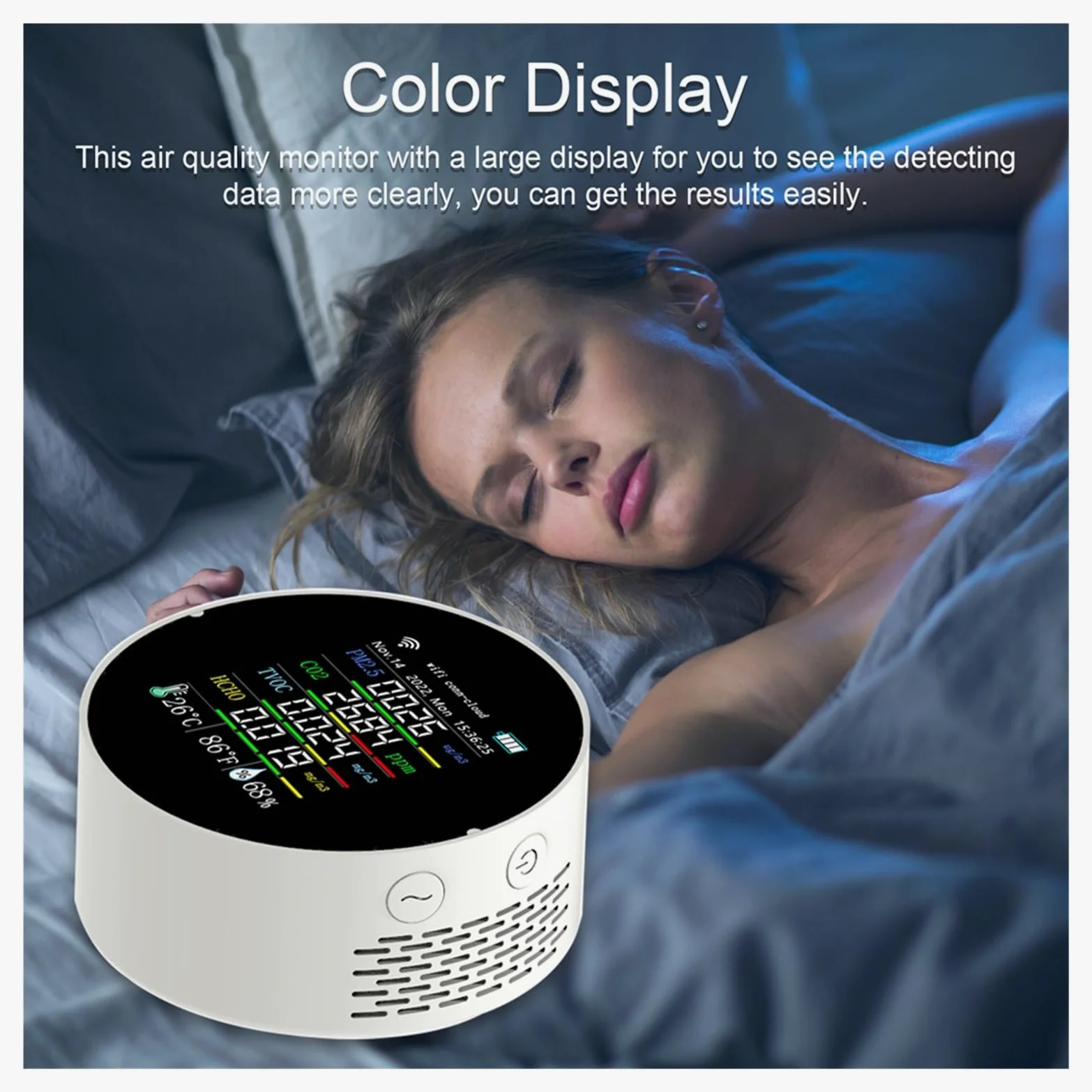 Misuratore di qualità 'aria 7in1 PM2.5 CO2 TVOC HCHO Tester umidità a temperatura Controllo APP con funzione allarme calendario,Alta Precisione