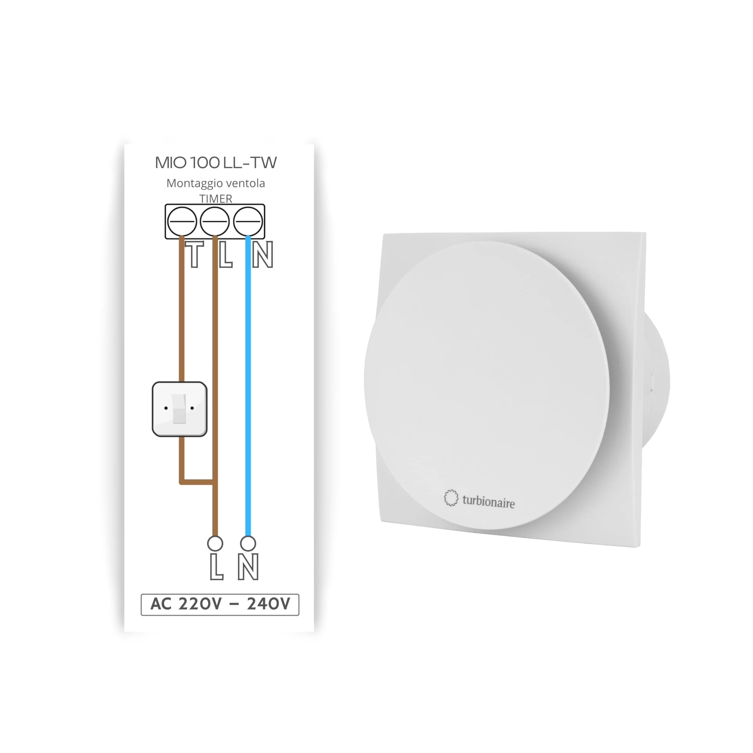 Turbionaire MIO 100 LL-TW Aspiratore da bagno100 mm con Timer, Motore con Cuscinetti a Sfere, Valvola di Non Ritorno, Protezione IPX4, Silenzioso, Ideale per uso uso intensivo, Bianco