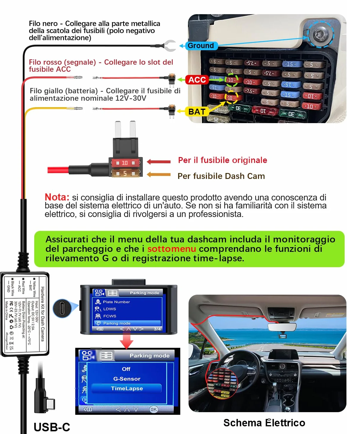 Kit Cablaggio USB-C, Dash Cam Hardwire Kit con 4 Tipi/8 Fusibili Adattatori, Cavo Tap e Strumento di Installazione 4m/13.12ft 12V/24V a 5V/2.5A Auto Cavo di Ricarica Kit