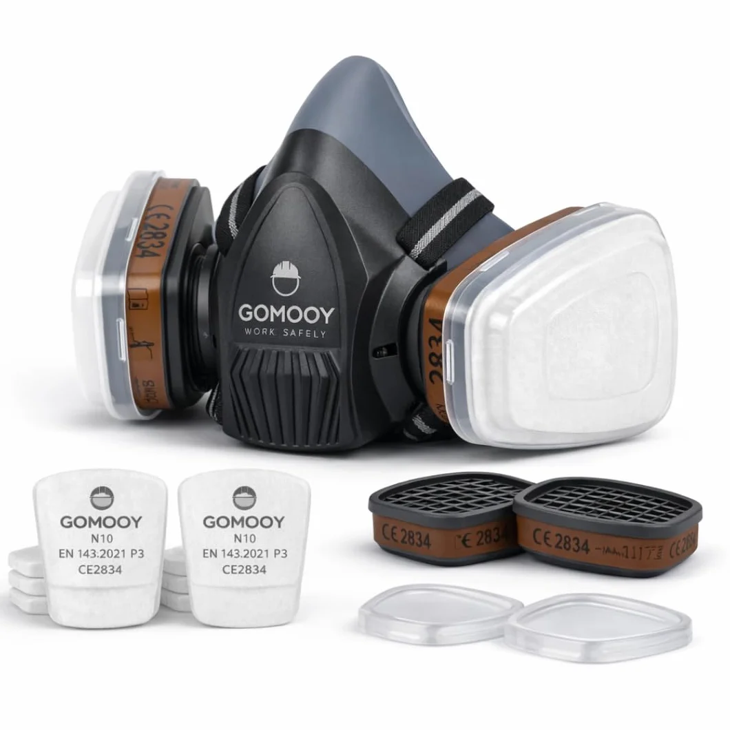 Goomoy Maschera Antigas Riutilizzabile con Doppio Filtro ai Carboni Attivi 8 Filtri Ricambio CE EN 140
