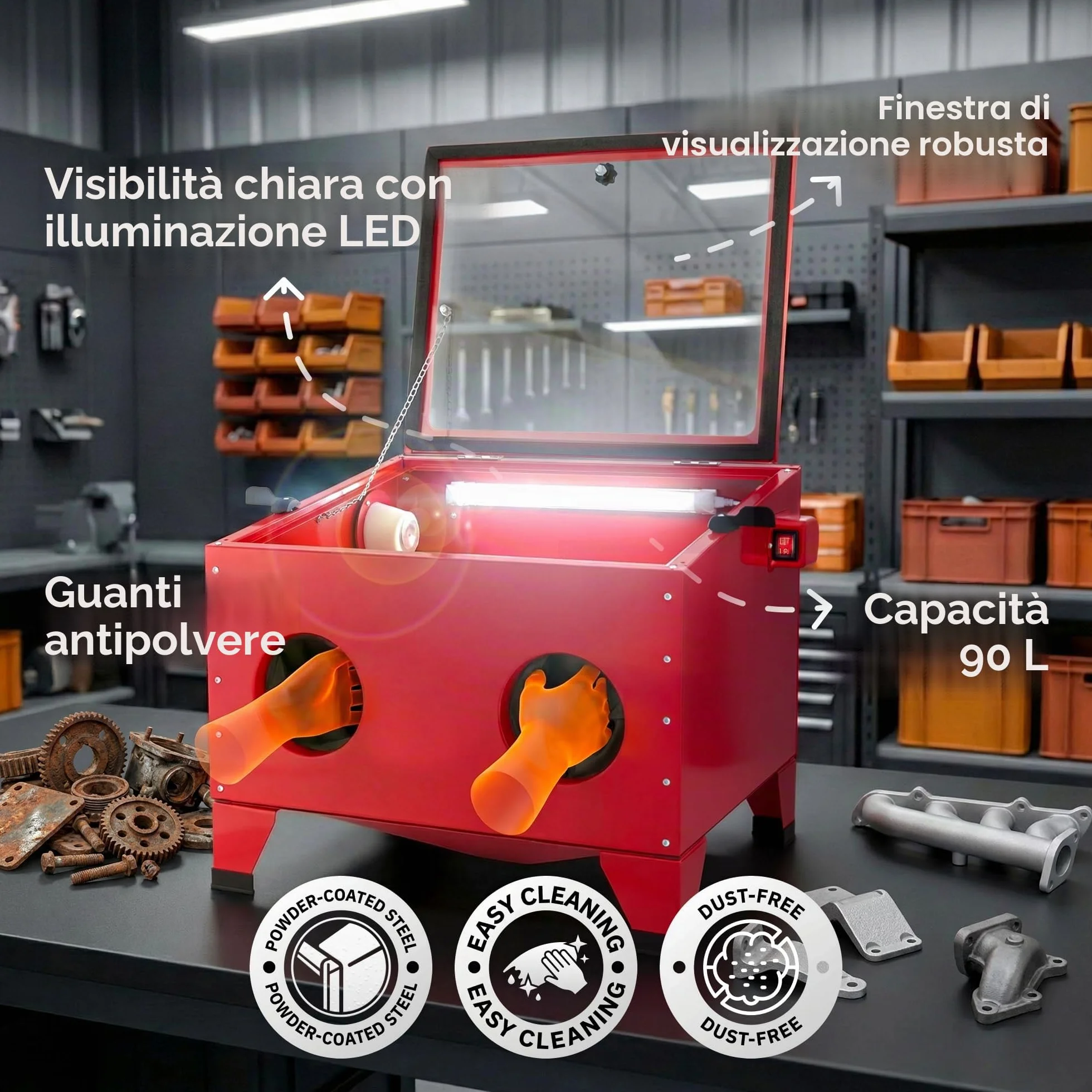 Arebos Cabina sabbiatrice 90 litri Sabbiatrice pistola getto 4 ugelli ceramica