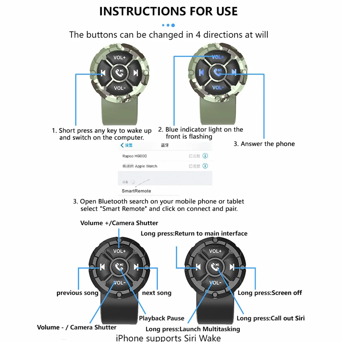 Tipo di cinturino Pulsante telecomando wireless per volante Pulsante multimediale universale impermeabile IP67 con pulsanti luminosi Bluetooth 5.3 compatibile per auto moto iOS e Android 4.0+