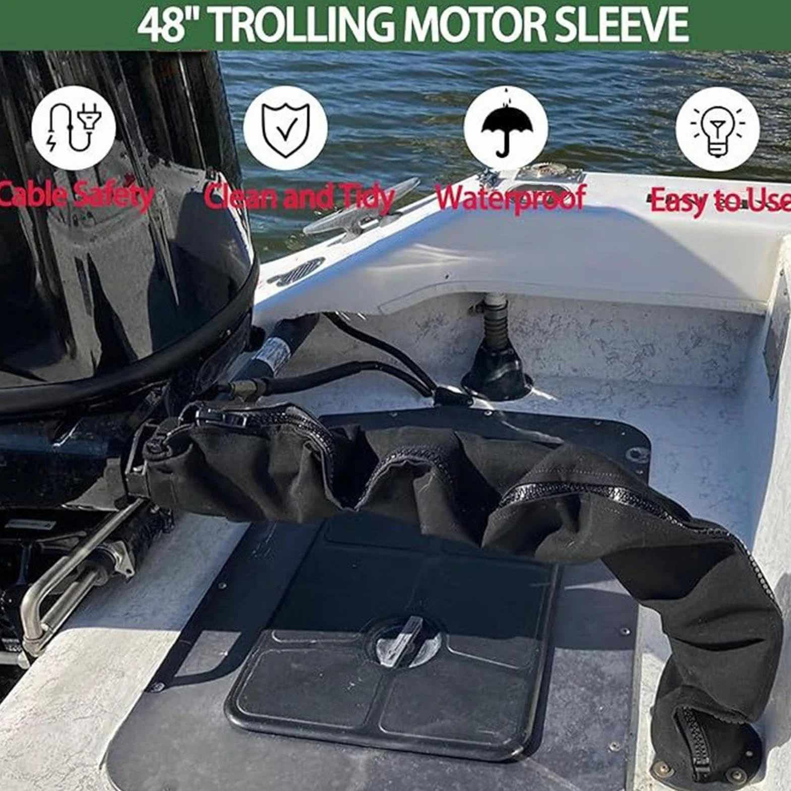 Manicotto per cavi da 122 cm per motore da traina, protezione per filo nero con cerniera | gestione dei cavi marittimi e barche, copertura del cavo motore fuoribordo, organizzazione degli attrezzi da