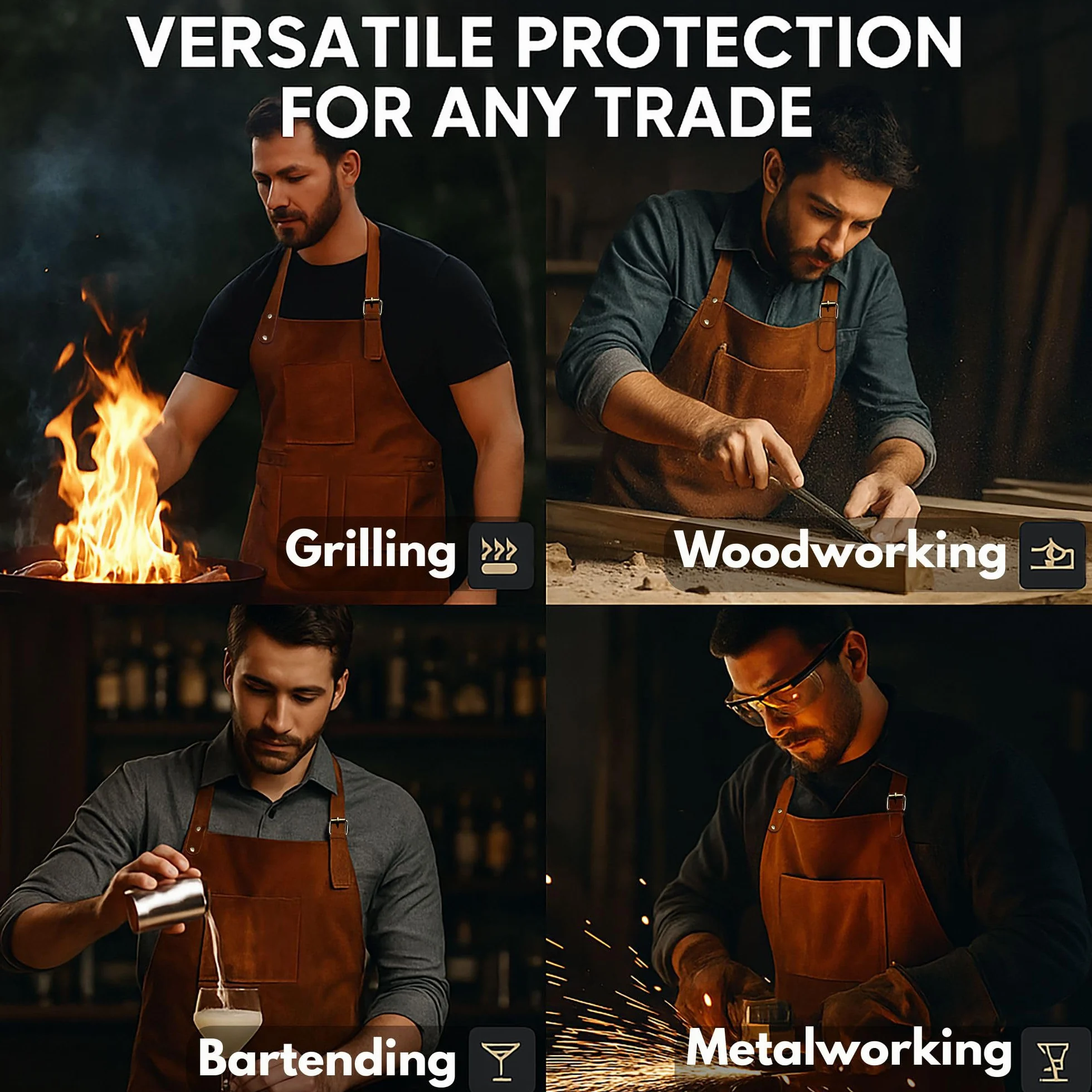 Rustic Town Genuine Leather Grill Work Apron with Tool Pockets ~ Adjustable up to XXL for Men & Women ~ Gift Ideas for Him Her