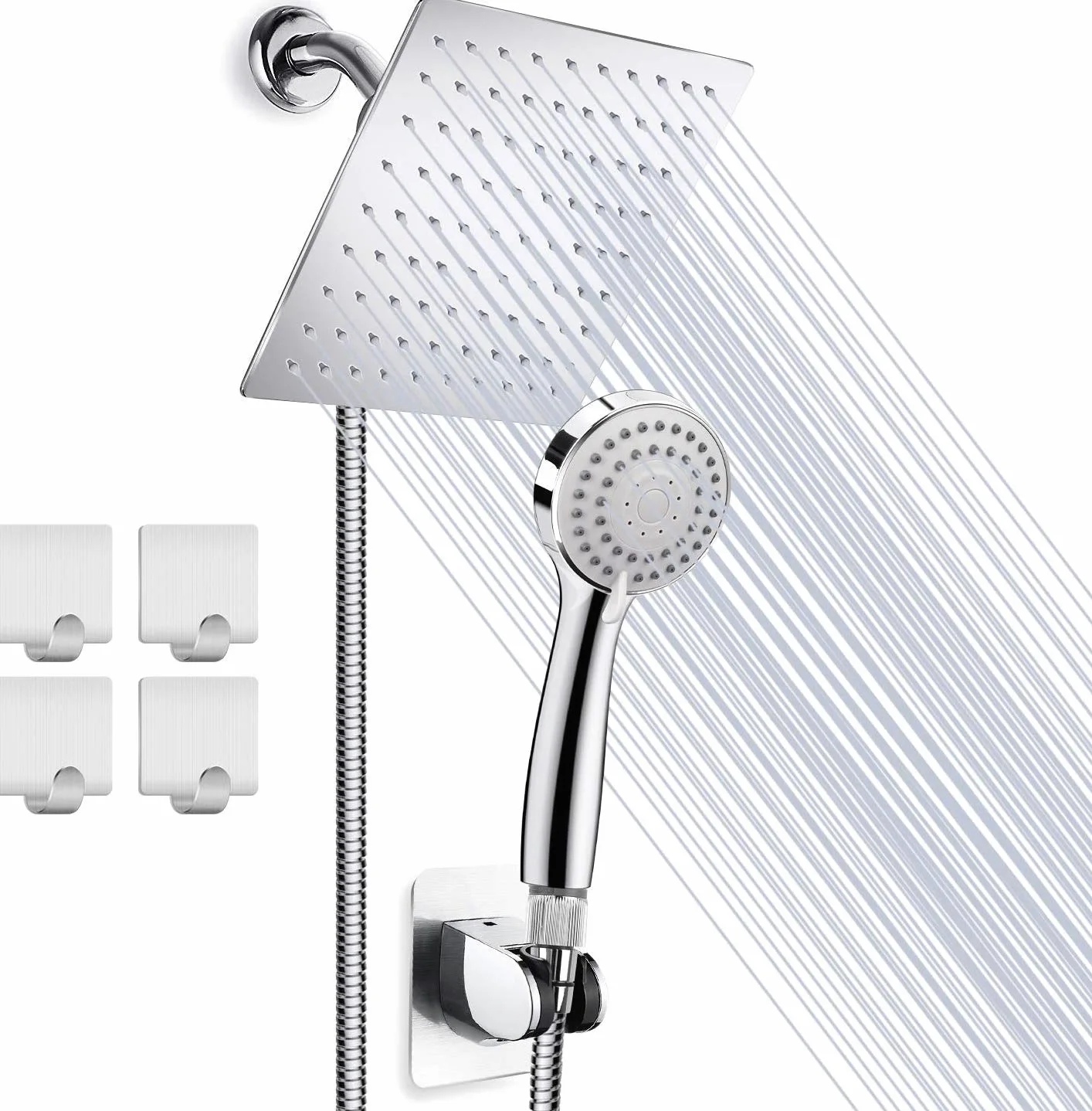 Set di soffione doccia ad alta pressione da 20,3 cm, soffione doccia a pioggia in acciaio inox, con tubo da 152 cm, soffione anti-perdite con supporto, regolatore di flusso, cromato, 4 ganci per