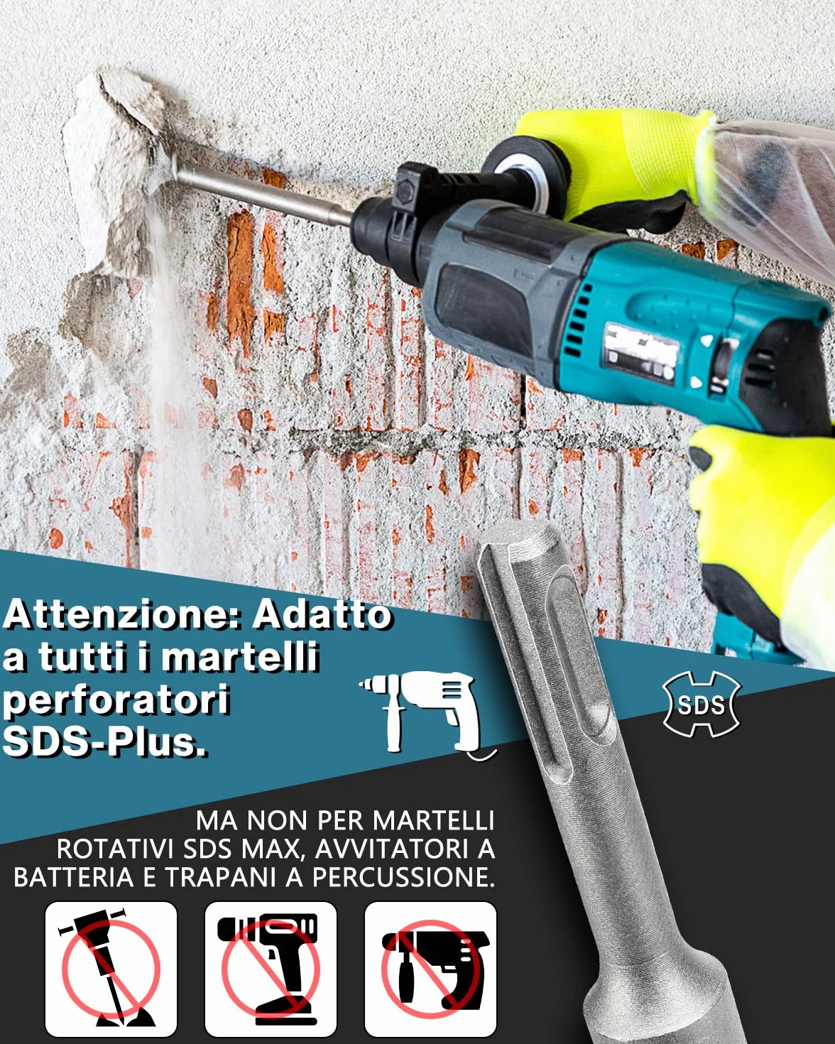 Lytool Scalpello SDS Plus 250 x 75mm Acciaio Temprato 40Cr Punta Piatta Professionale Compatibile Bosch Hilti Makita