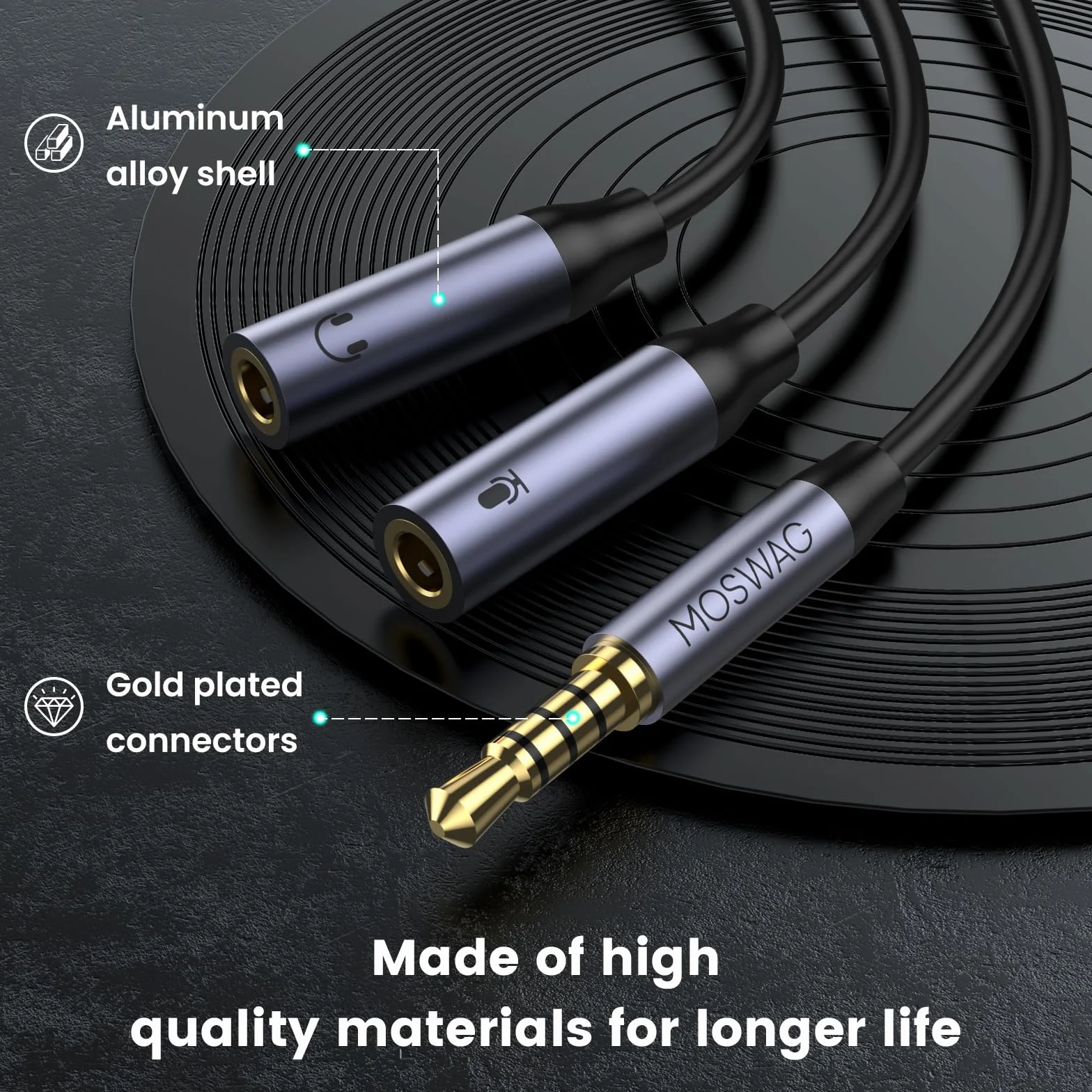 MOSWAG Adattatore per Microfono per Cuffie, 3,5 MM Aux Audio Y Splitter Cable, Cavo Splitter per Cuffie TRRS con Jack per Microfono Audio Separato per Laptop PS4 PC Tablet Gaming ecc