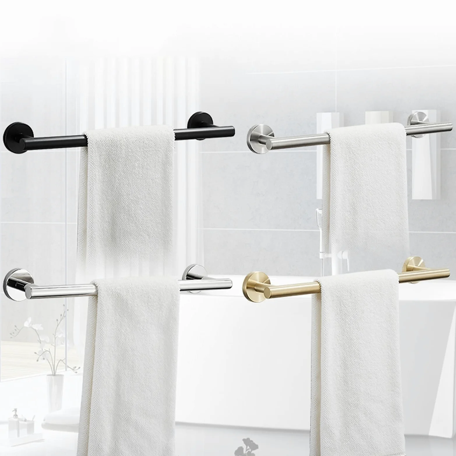 Portasciugamani singolo in acciaio inox, 60 cm, montaggio a parete, rotondo, per bagno o cucina, finitura argento
