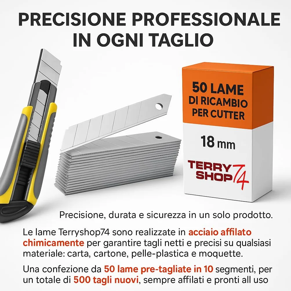 Lame di Ricambio per Cutter 18 mm – Acciaio Affilato Chimicamente – Pre-Tagliate in 10 Parti per 500 Tagli