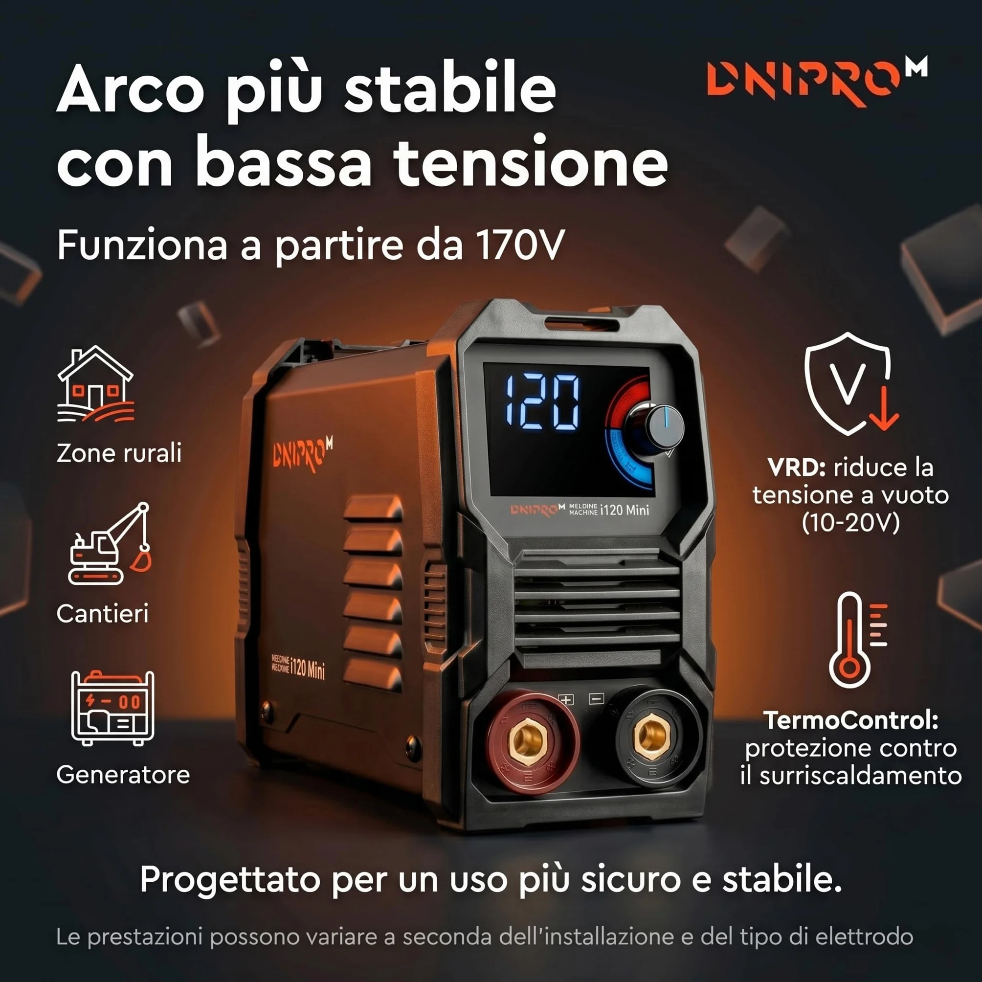 Saldatrice Elettrodo Dnipro-M i120 Mini 120A 230V Inverter con Hot Start ArcForce AntiStick VRD Display LED