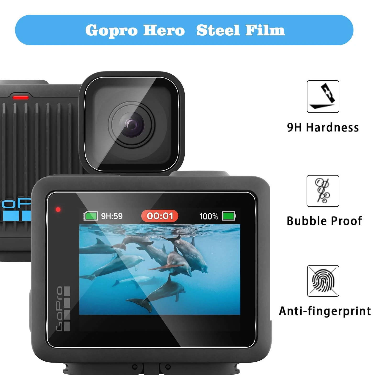 QULLOO Pellicola Protettiva per GoPro LIT Hero/GoPro Hero, 2 Pezzi Film Vetro Temperato Schermo+2 Pezzi Pellicole Protezione Fotocamera Posteriore, Durezza 9H, Anti-Scratch, HD Chiaro