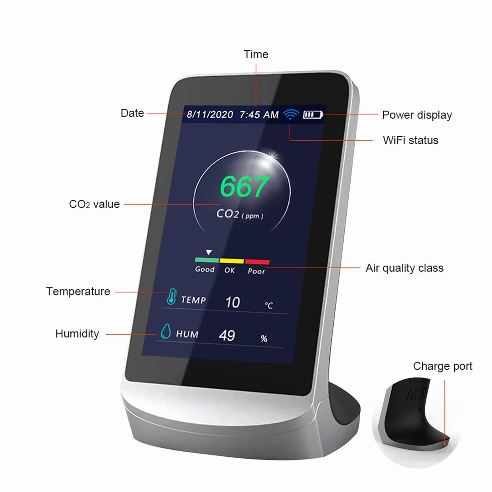 Monitor gas, rilevatore perdite gas, Rilevamento e rilevamento di anidride carbonica CO2WIFI. Versione Temperatura e umidità Versione inglese Rilevatore di qualità de-ll'aria per casa, camper, fognatu