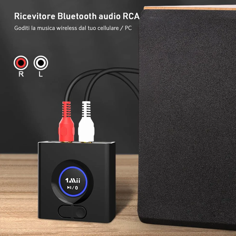 1Mii Ricevitore Bluetooth HiFi, Adattatore Audio Bluetooth 5.1 RCA/AUX 3,5mm Jack con Batteria da 12 Ore, con Modalità Bassi, Bassa Latenza per Impianto Stereo, Amplificatore, Casse Attive- ML200