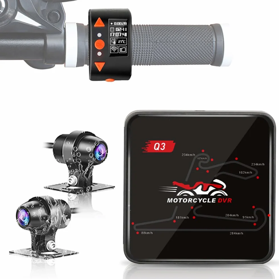 VSYSTO Moto Dash cam, 5G WiFi téléchargement vidéo haute vitesse, contrôleur de câble OLED, étanche starlight nuit vision HD 1080P avant et arrière caméra, affichage de la température