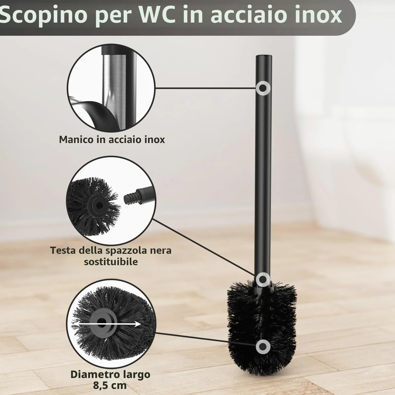 Porta carta igienica in acciaio inox per wc, con scopino - Carta igienica in piedi, porta rotolo nero opaco