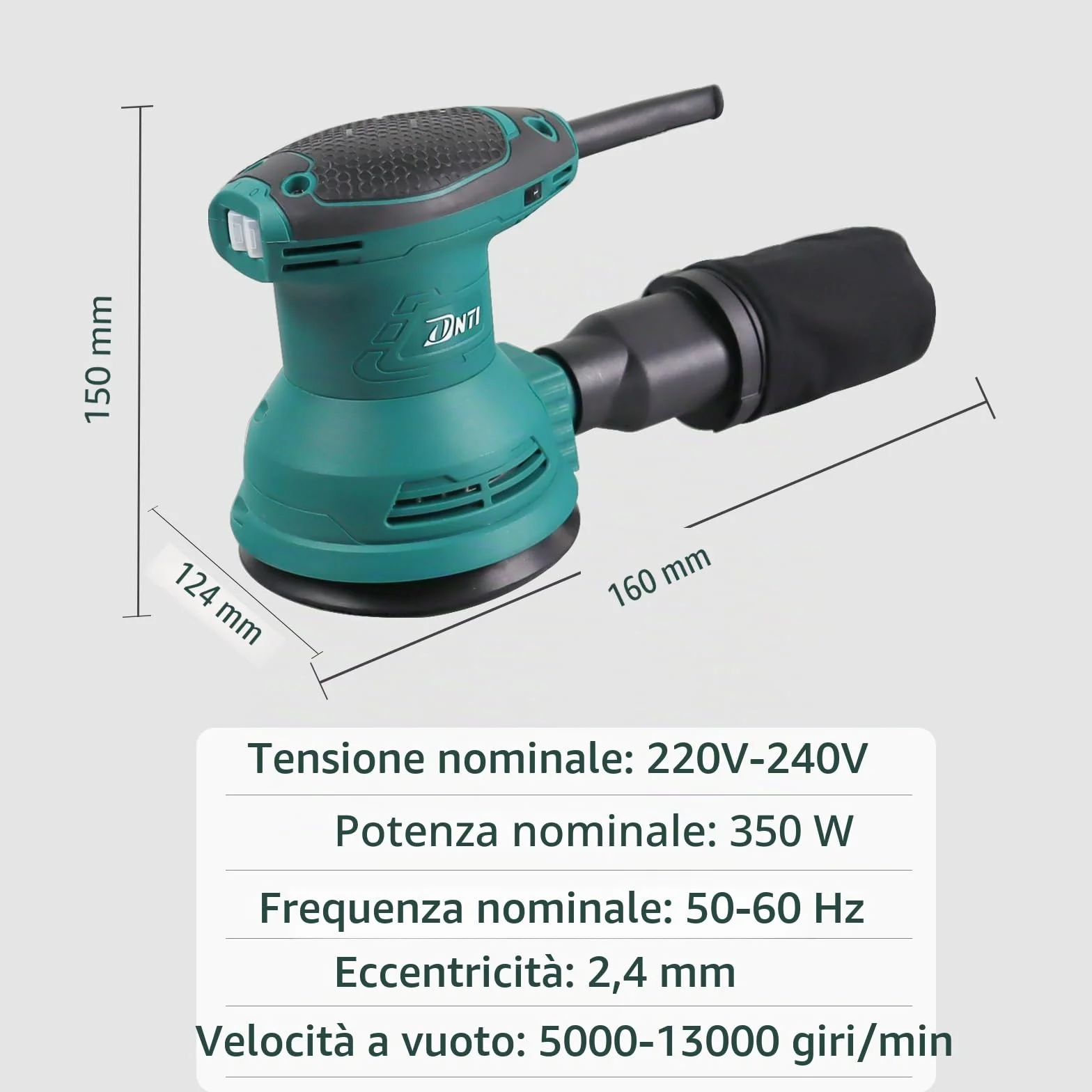 DNT Levigatrice eccentrica 380 W, 125 mm, 6 velocità strumento elettrico professionale, nero e turchese Levigatrice Orbitale per Legno per la levigatura del legno