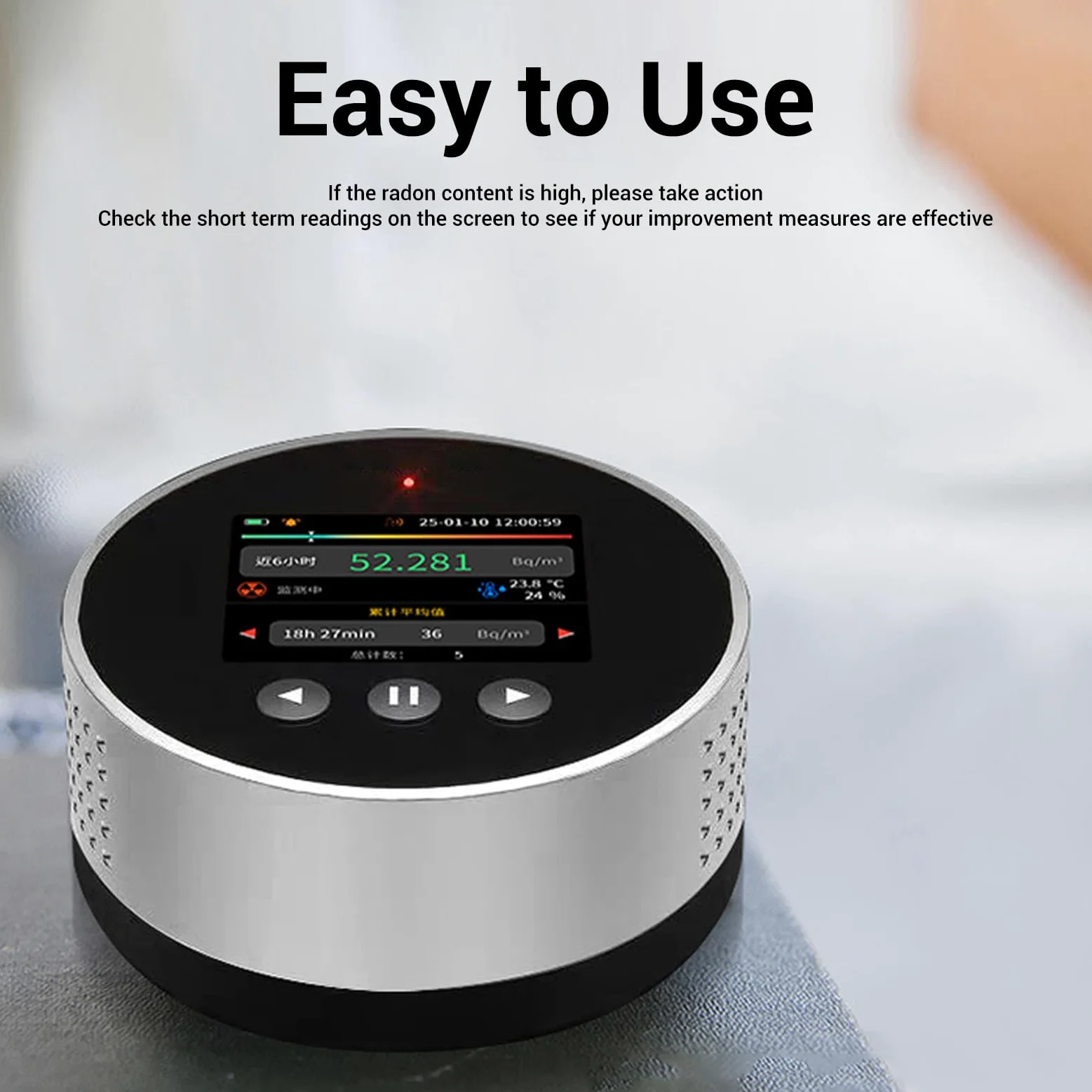 Rilevatore di Radon, Letture a Lungo Termine a Breve Termine, Display LCD, Alimentato a Batteria Ricaricabile, Portatile Compatto per Casa, Ufficio, Seminterrato Scolastico con
