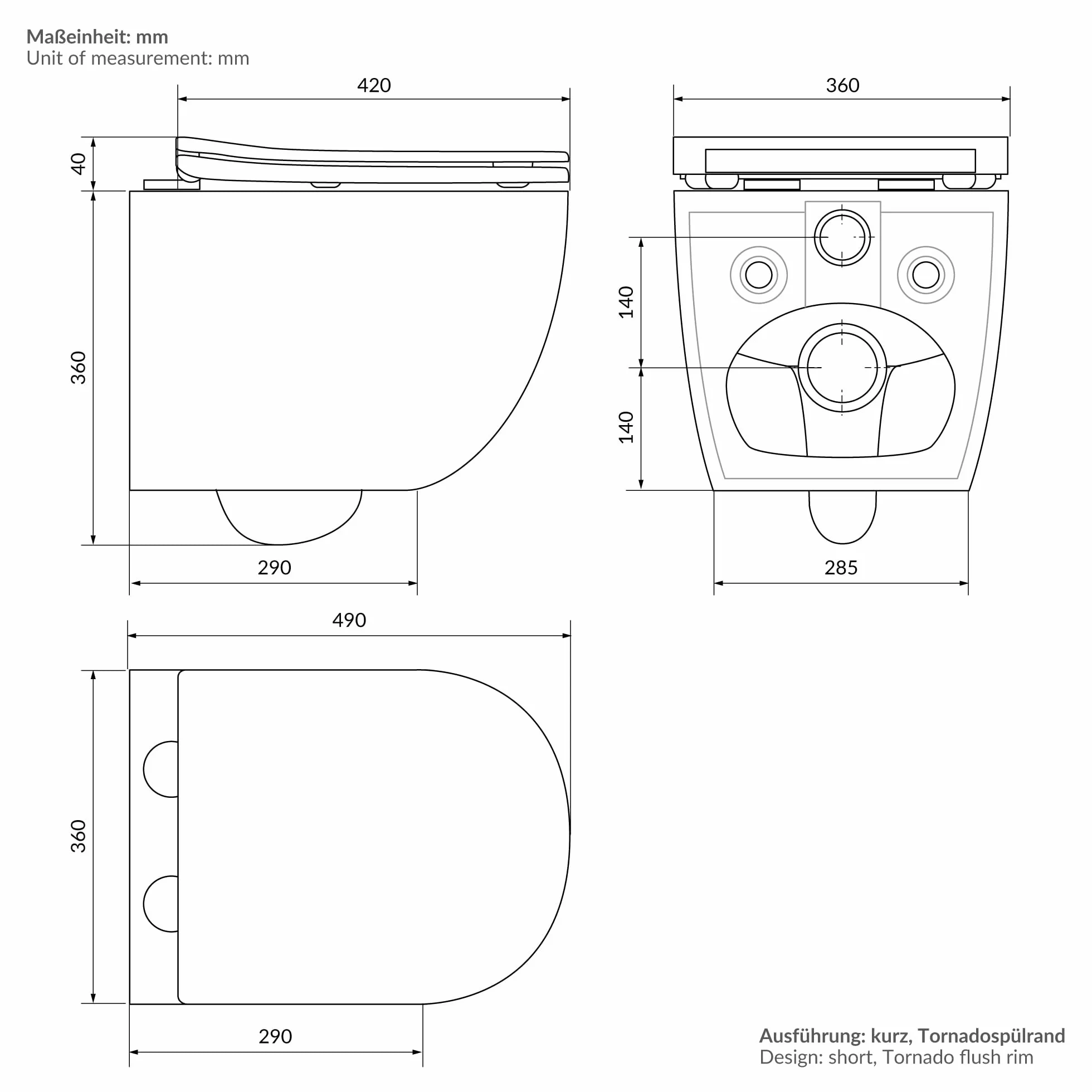 LuxeBath WC Sospeso Senza Bordo Vaso in Ceramica Bianco Corto 49 cm Risciacquo Scarico Tornado con Sedile Softclose