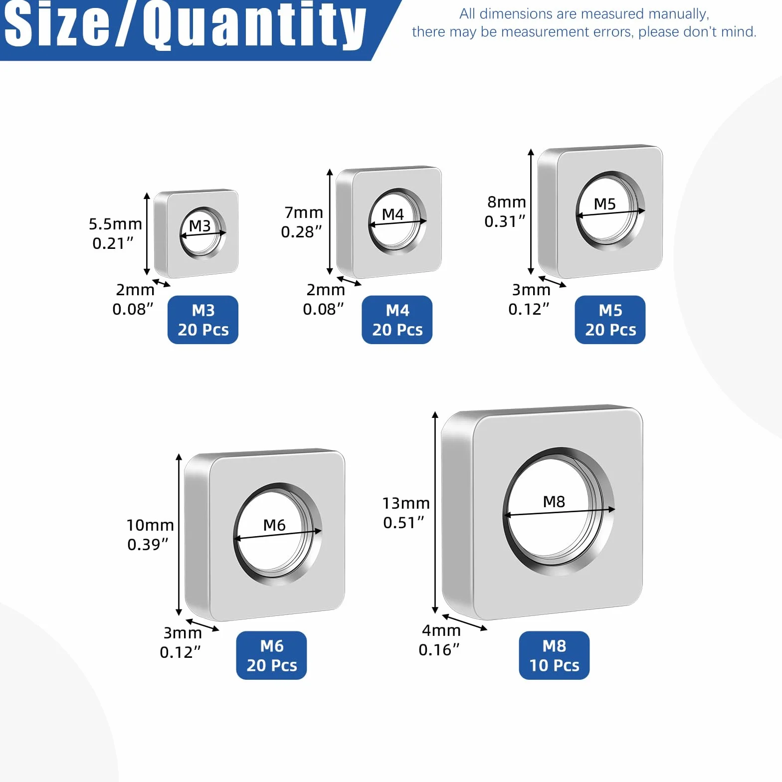 Set di 90 dadi quadrati in acciaio al carbonio e inox M3 M4 M5 M6 M8 kit assortimento