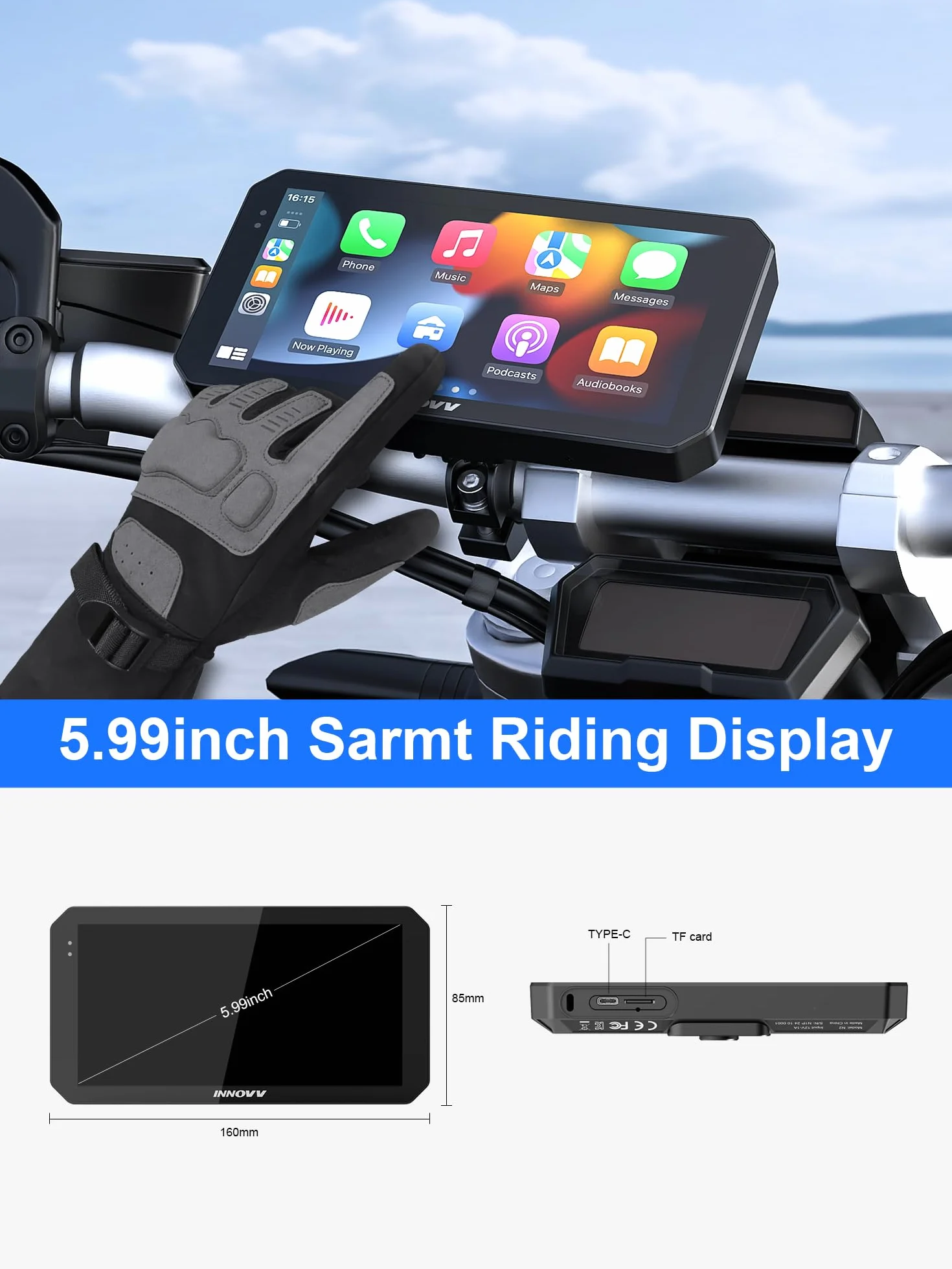 INNOVV N2 - Dash Cam per moto Carplay, touch screen da 6 pollici, supporta Android Auto e iOS, fotocamera anteriore e posteriore 2K 2K con navigazione GPS, modalità parcheggio, musica, Wi-Fi 5.8G