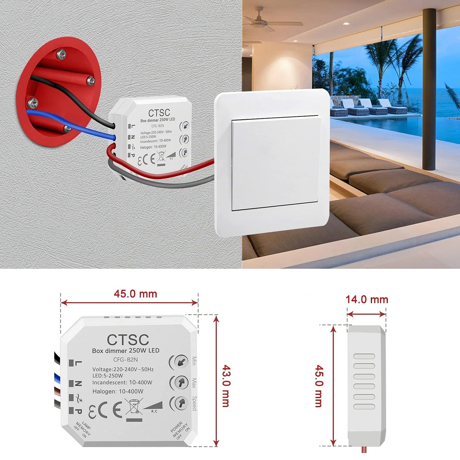 CTSC Dimmer per led 220v - Trailing edge dimmer 220v - Relè dimmer per led - silenzioso, regolatore di intensità adatto a LED regolabili, lampada ad incandescenza alogena (B2N)