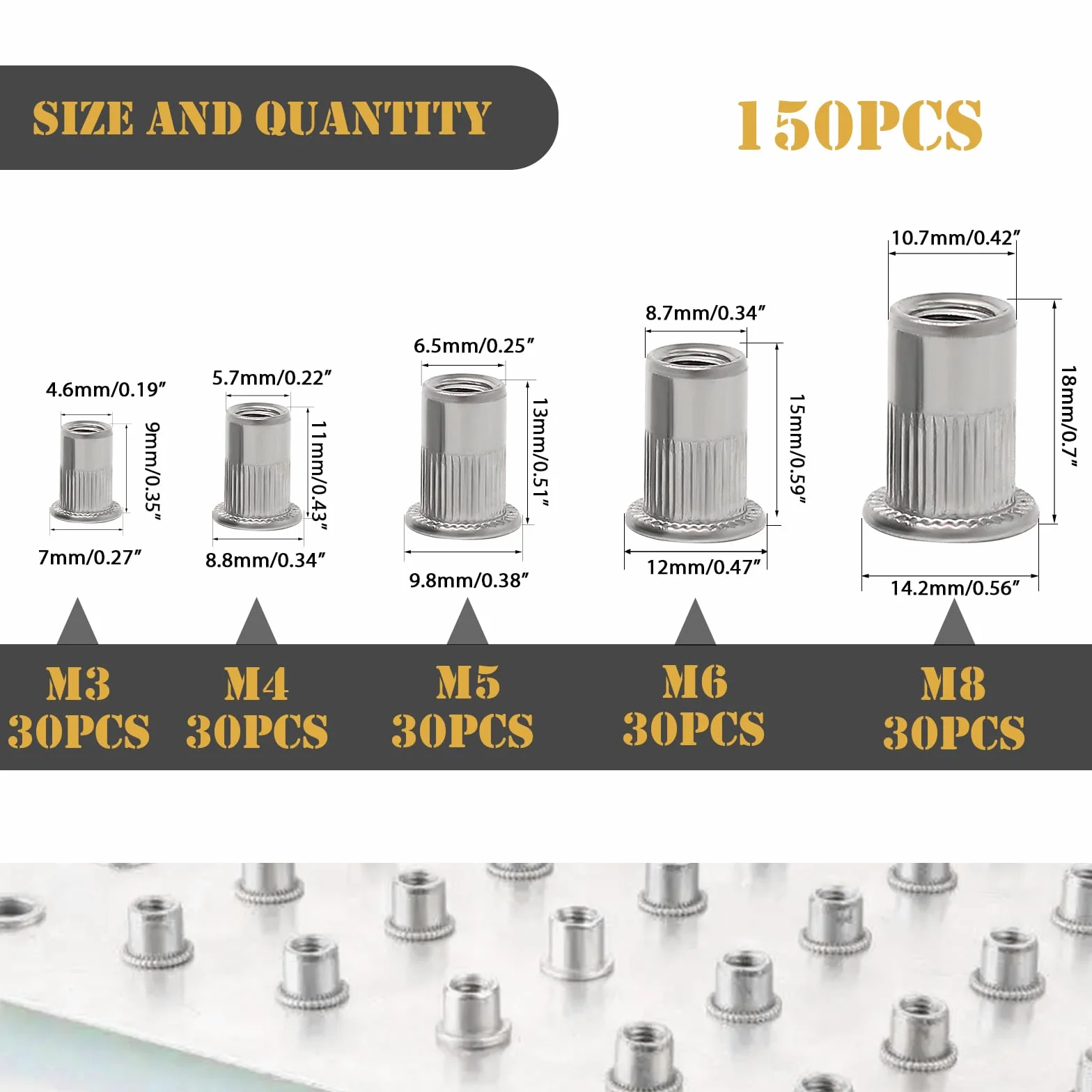 Rivetti filettati in acciaio inox 304 M3 M4 M5 M6 M8, Rive Nutsert Cap 150 pezzi