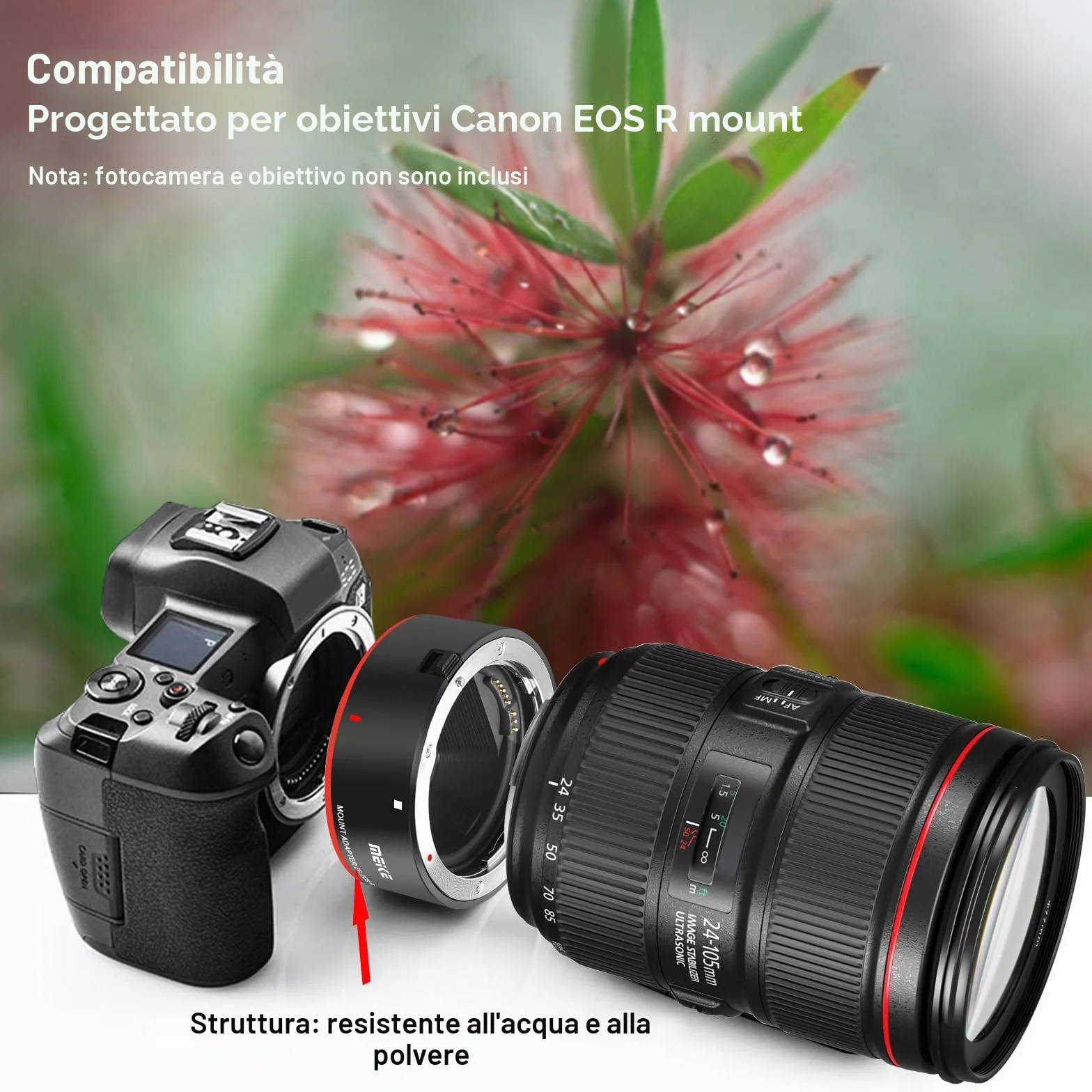 Meike Adattatore per lenti in metallo EF-EOSR Convertitore di montaggio con messa a fuoco automatica per obiettivi Canon EF/EF-S a fotocamere EOS-R EOS-RP R5 R6 R7 R10 C70 e RED Komodo