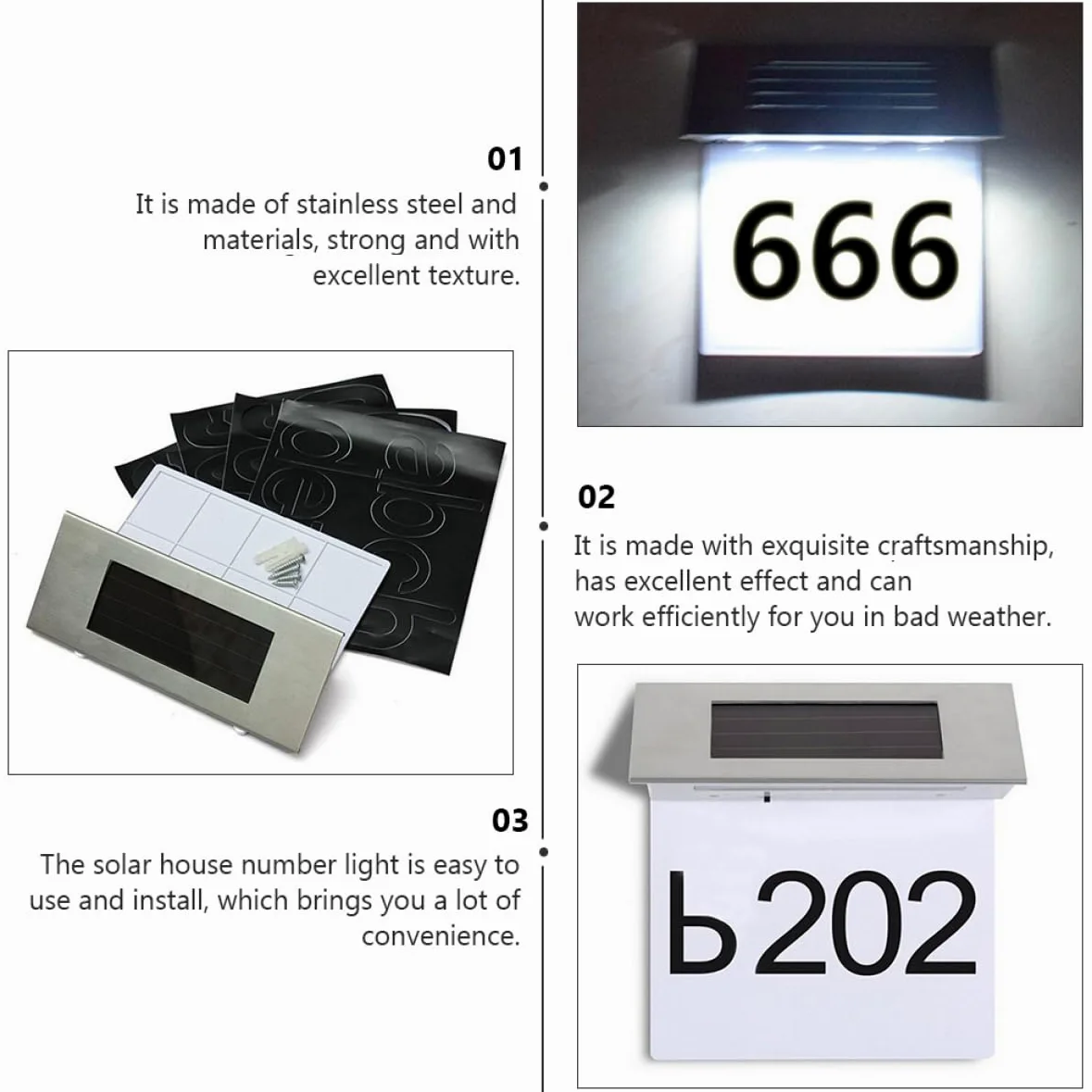 Lampada Solare da Parete con Sensore di Movimento 4led per Numero Civico, Materiale Acciaio Inossidabile e Abs, Facile da Installare, Risparmio Energetico, per Uso Esterno in Casa