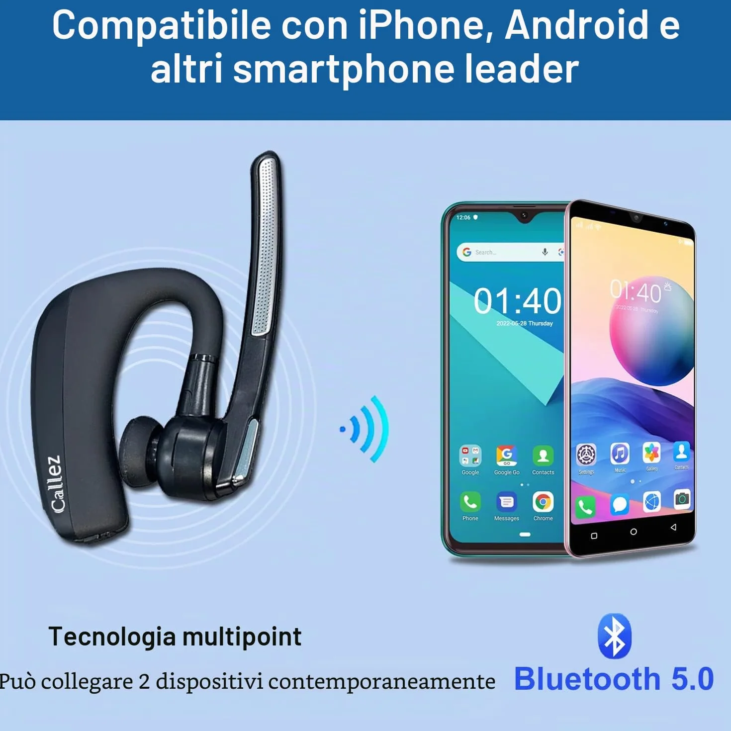 Auricolare Bluetooth con Doppio Microfono CVC8.0 Cancellazione del Rumore, Auricolari Bluetooth Singolo V5.0 Cuffie Wireless Compatibile con iPhone Samsung Cellulare Guida Lavoro Ufficio Super Leggero