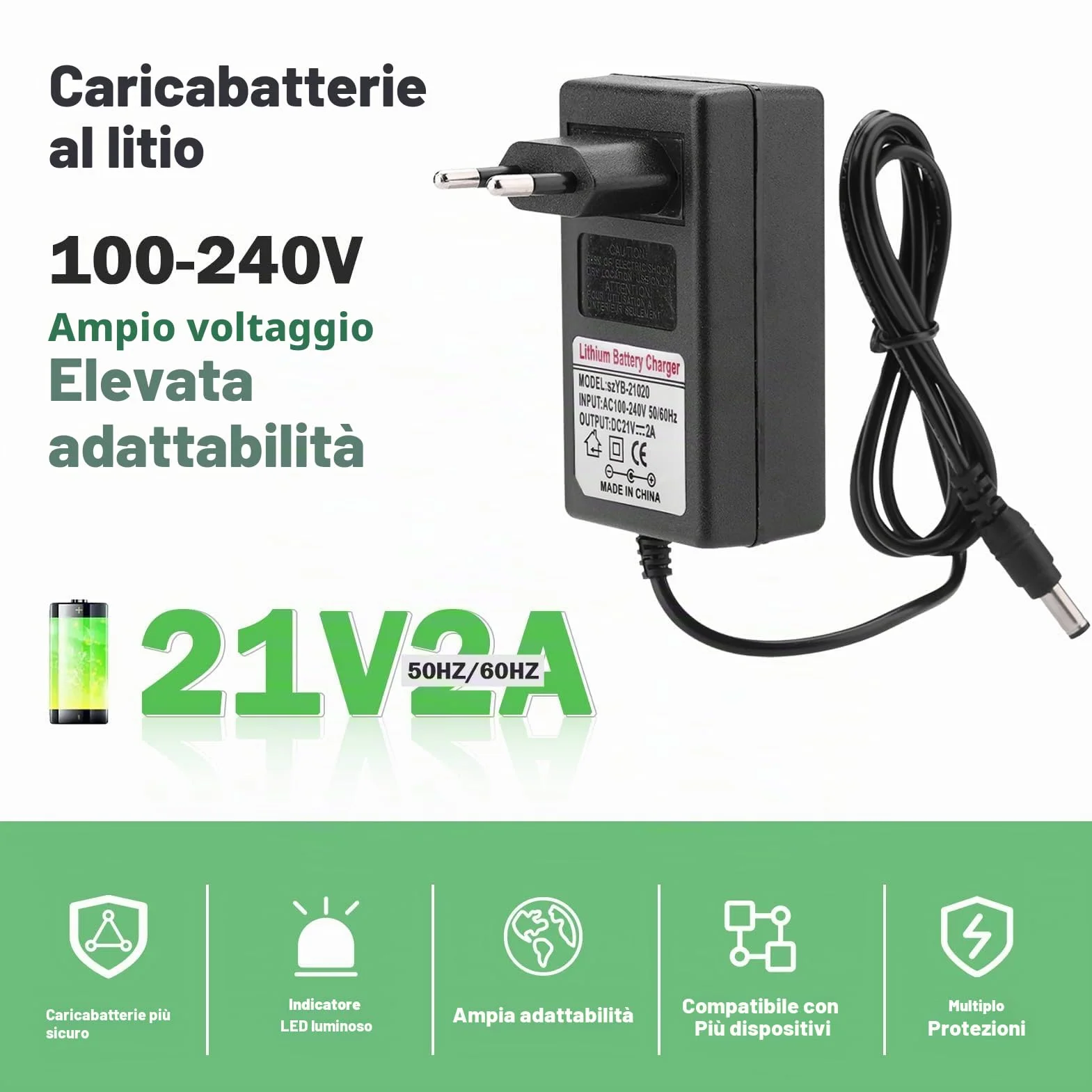 Adattatore di alimentazione a batteria agli ioni di litio, adattatore di alimentazione di ricarica di ricambio CA 100-240 V CC 21 V 2 A, caricatore adattatore professionale di protezione(EU)