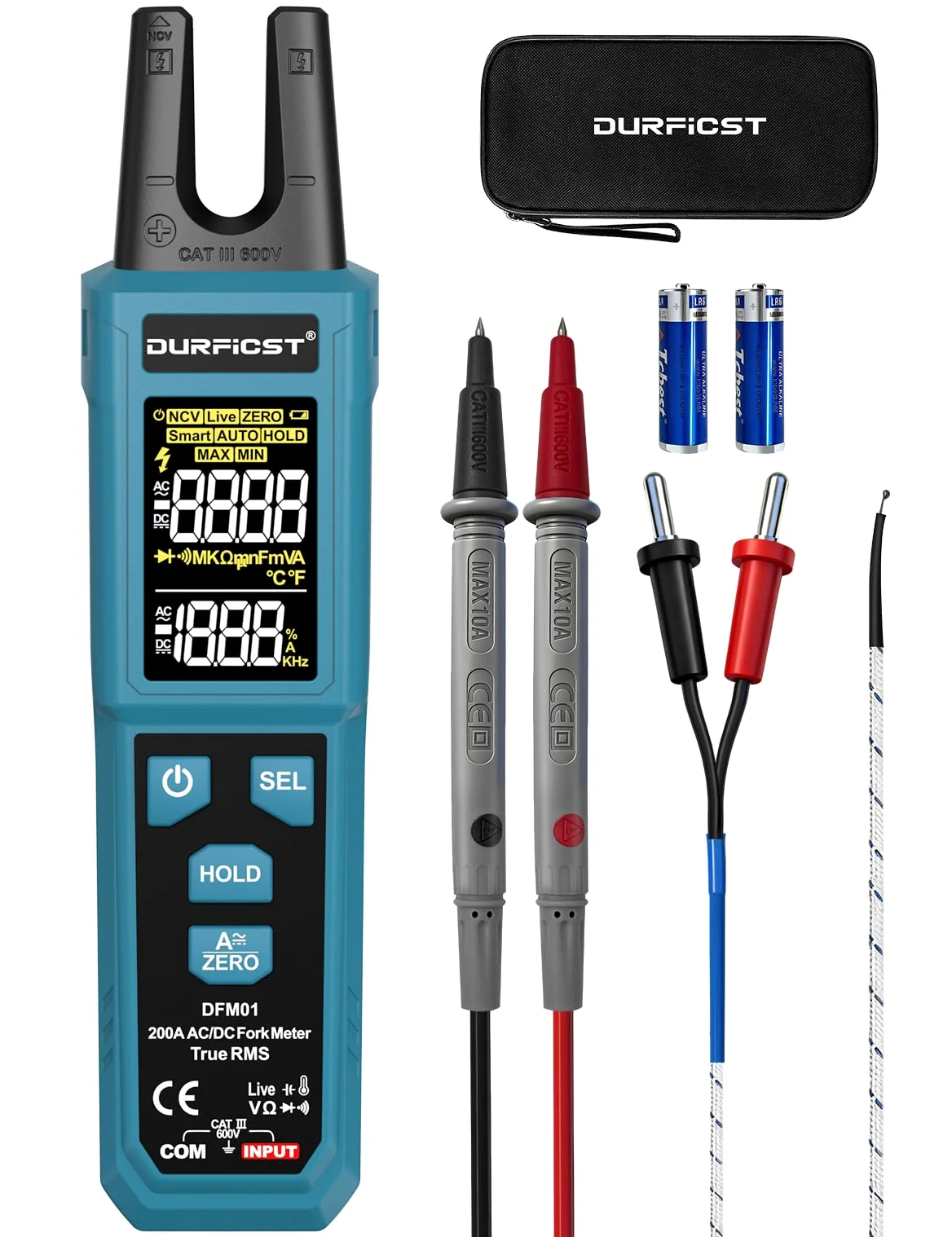 DURFICST Pinza Amperometrica TRMS 4000 Conteggi, con AC/DC 200 A & 600 V | Digitale Pinza Amperometrica AC DC con Test NCV, Continuità, Misurazione di Capacità e Temperatura
