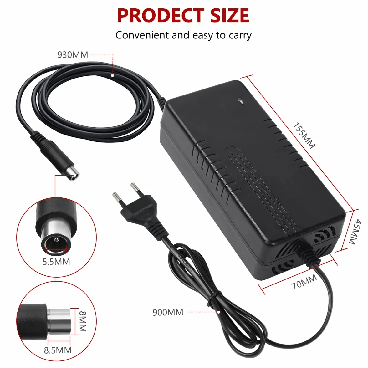 Caricatore Monopattino Elettrico, 42V 2A Adattatore di Alimentazione Caricabatteria Universale con connettore RCA (8 mm), Caricabatteria per Batteria al Litio da 36 V per Xiaomi