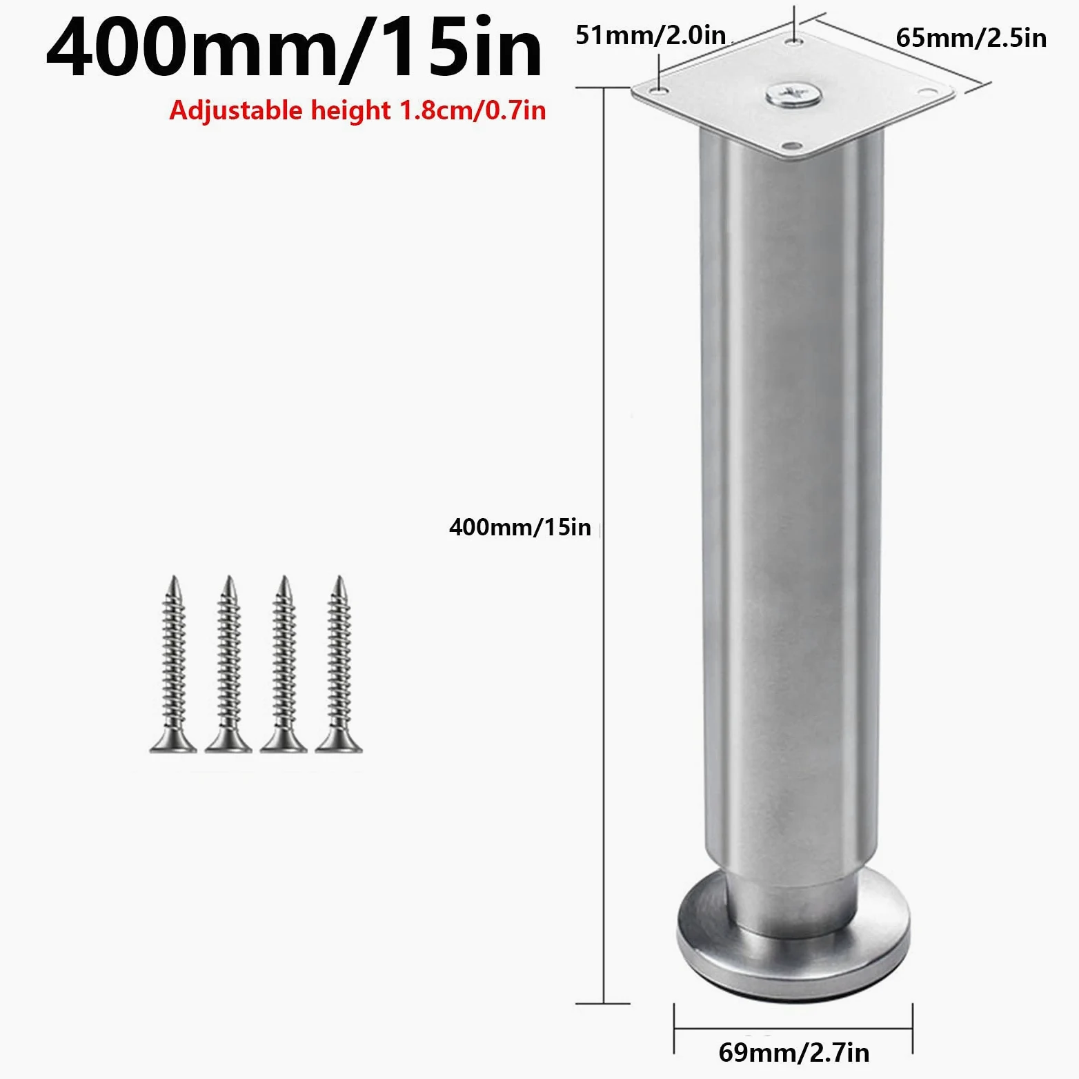 4 piedini regolabili moderni in acciaio inox per mobili, resistenti, per tavolino/armadio/divano, gambe di supporto per tavolino da caffè/mobile TV (dimensioni: 400 mm)