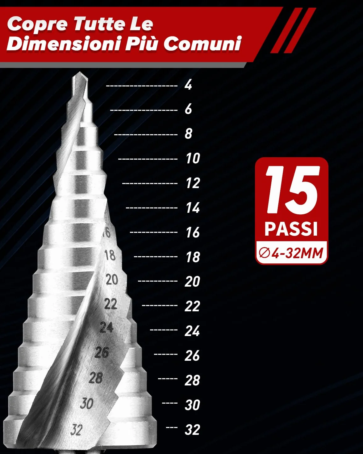 Fresa Conica HSS 6542 4-32mm 15 livelli gambo 10mm per metallo acciaio legno ferro plastica