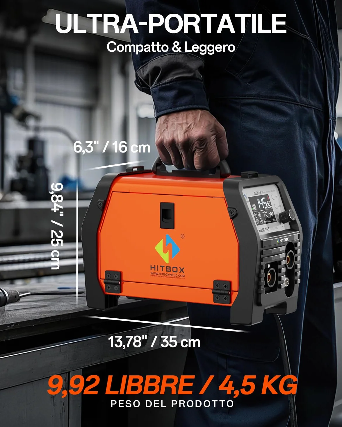 HITBOX 145A Saldatrice a Filo Continuo 4 in 1 230V MIG/ARC/Lift TIG/Spool Gun con Display LED