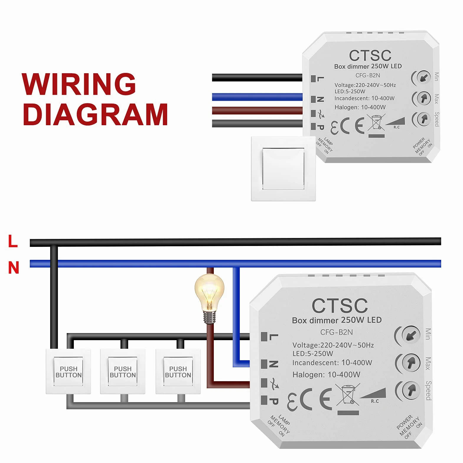 CTSC Dimmer per led 220v - Trailing edge dimmer 220v - Relè dimmer per led - silenzioso, regolatore di intensità adatto a LED regolabili, lampada ad incandescenza alogena (B2N)
