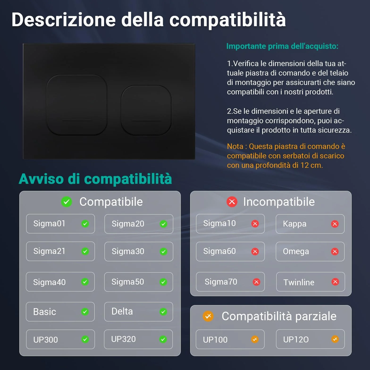 Empyreal Placca di scarico WC Compatibile con Geberit Duofix Sigma e Delta 246 x 164 mm Nero Opaco