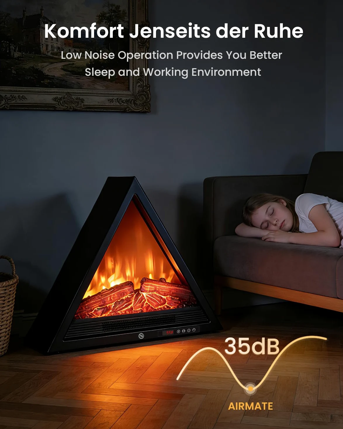 AIRMATE Camino Elettrico, 1800W Triangolare Caminetto Elettrico con Riscaldamento, Effetto Fiamma 3D, Camino Elettrico 4 colori di fiamma, Camino con telecomando, Stufa Elettrica 24H Timer