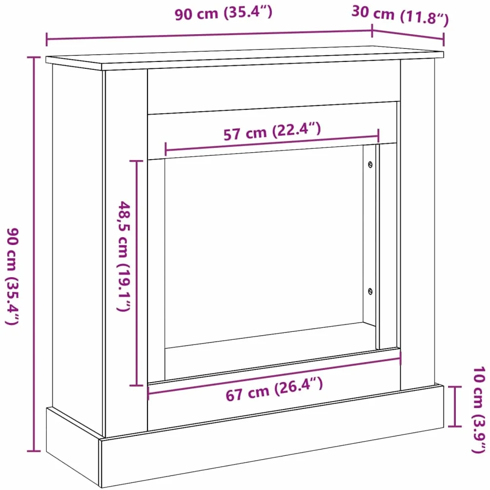 Cornice per Camino Design Rustico 90x30x90 cm Truciolato Legno Antico Supporto Fiamma LED