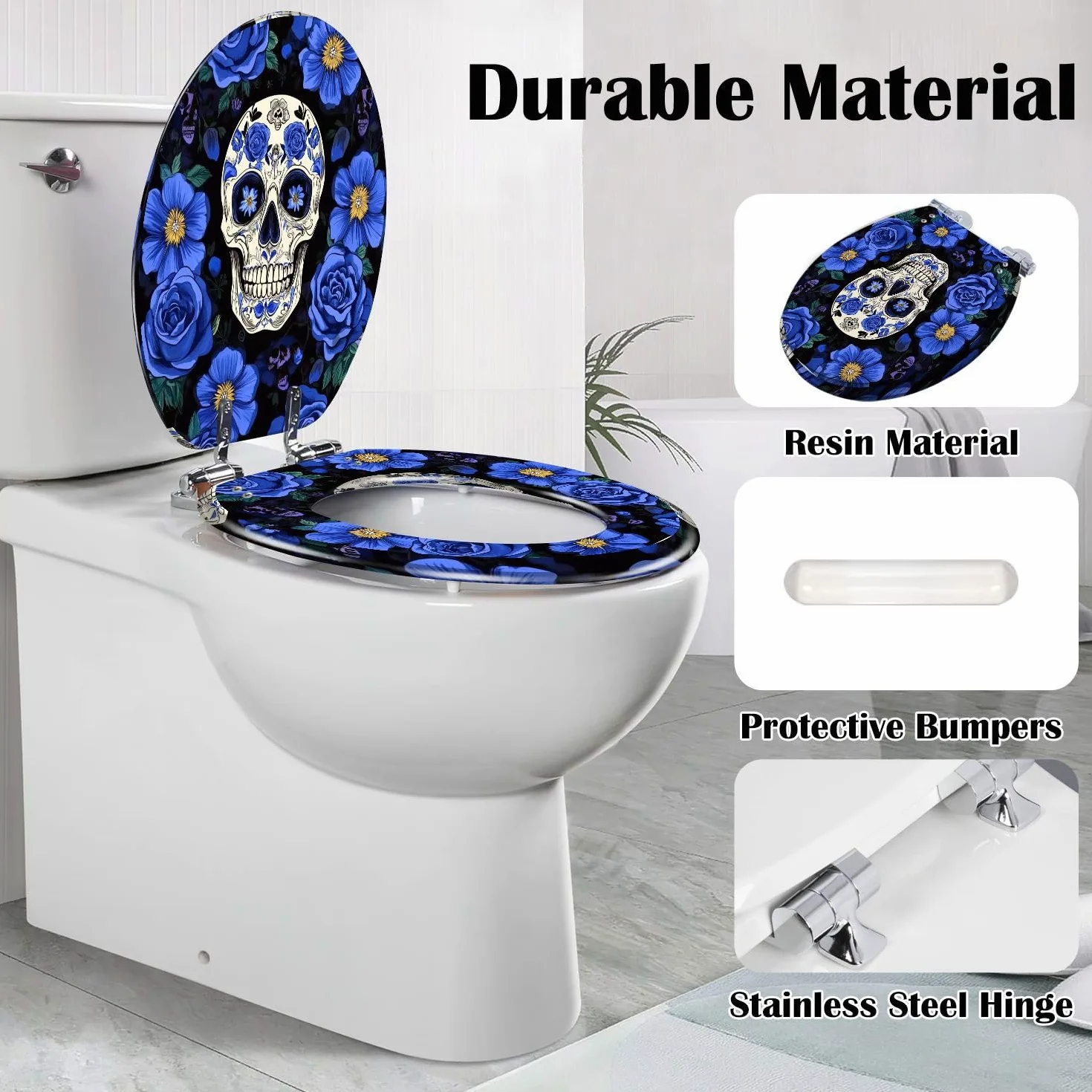 Copriwater Allungato Decorativo In Resina con Teschi Di Zucchero E Fiori Blu, Motivo Nero Senza Cuciture, Chiusura Lenta E Silenziosa, Cerniere A Sgancio Rapido, Facile Da Pulire E Installar