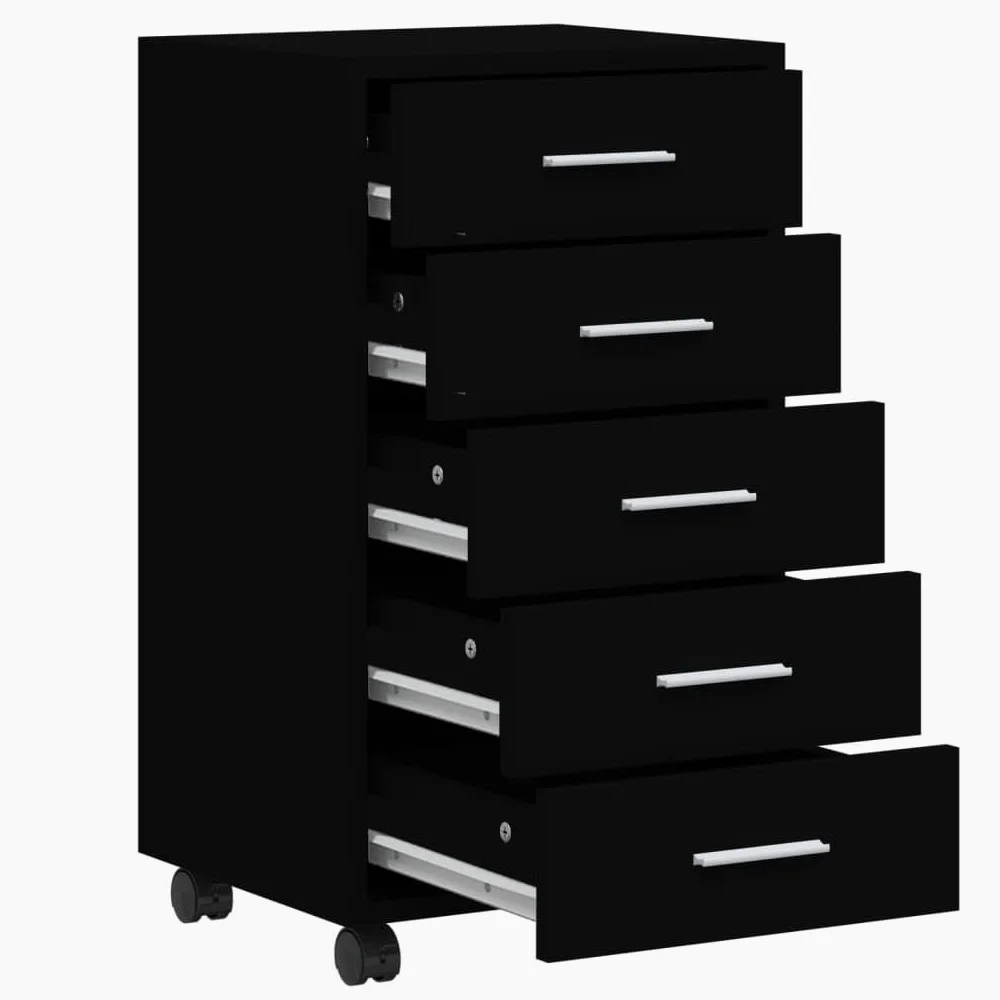 Cassettiera con ruote, in legno nero, 5 cassetti, per ufficio e casa, 33 x 38 x 63 cm
