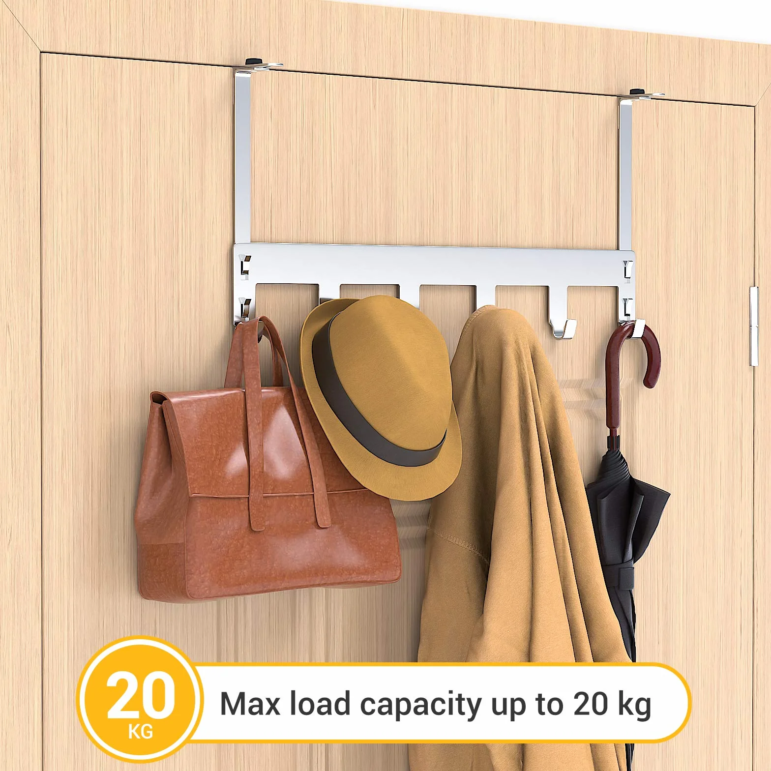 Luxear Appendiabiti da Porta Regolabile con 6 Ganci Attaccapanni Porta in Acciaio Inox MAX20KG per Camera da Letto Asciugamani Doccia Bagno Cucina Ufficio, Porta 1-6 cm